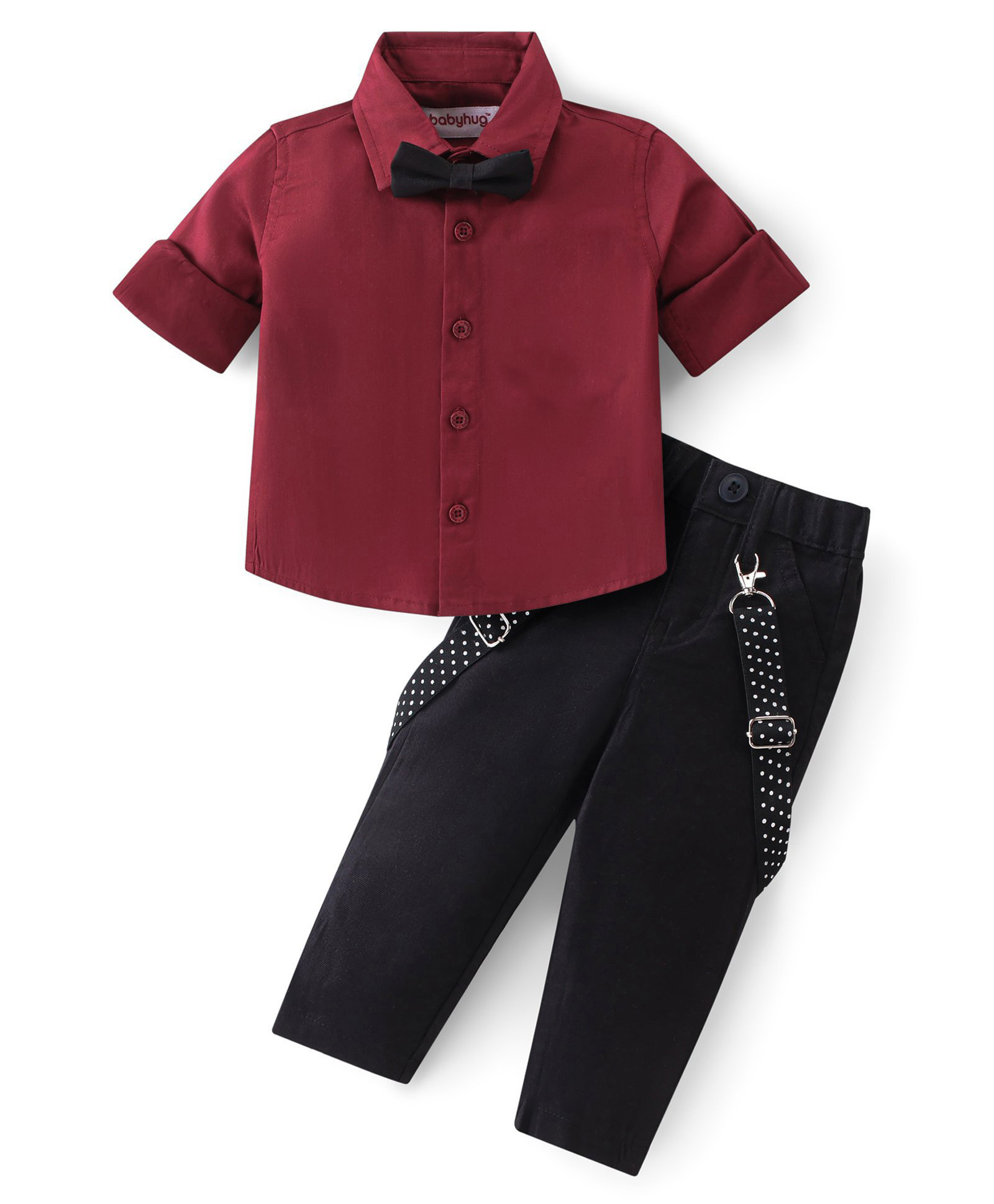 Babyhug Woven Full Sleeves Solid Party Shirt & Trouser Set with Bow & Suspenders - Maroon & Black-image-26