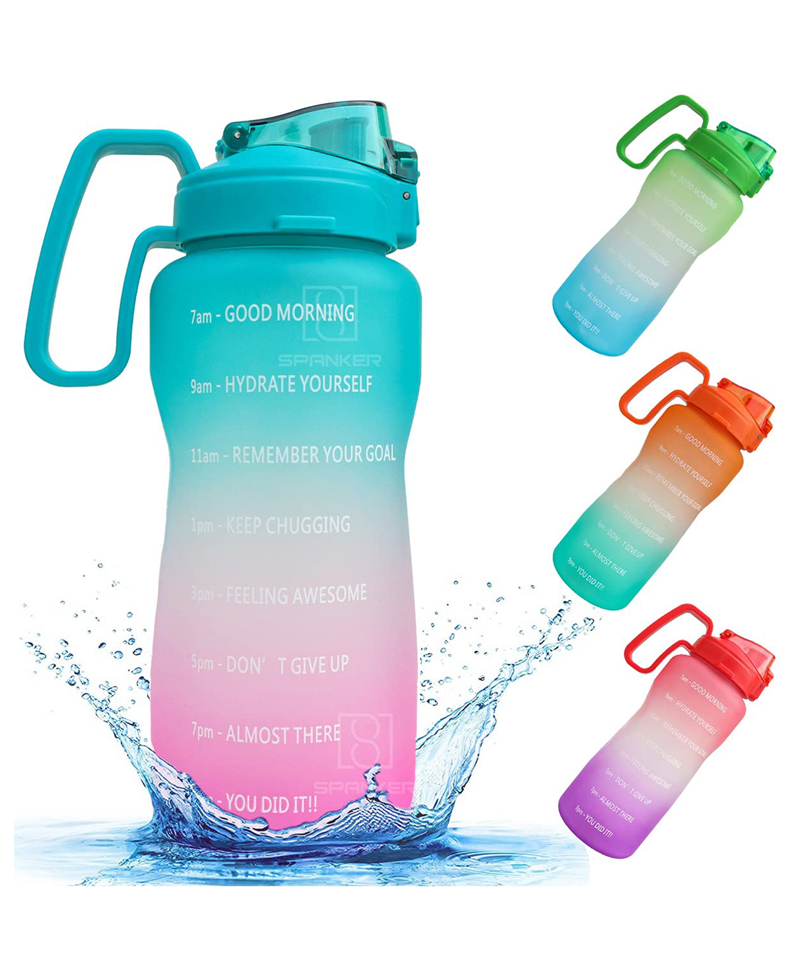 Spanker Ultima Motivational Water Bottle Half Gallon with Handle Time Marker Large Capacity 2000 ML Leakproof BPA Free Fitness Sports Water Bottle (Sea Green- Pink) SSTP-image-1