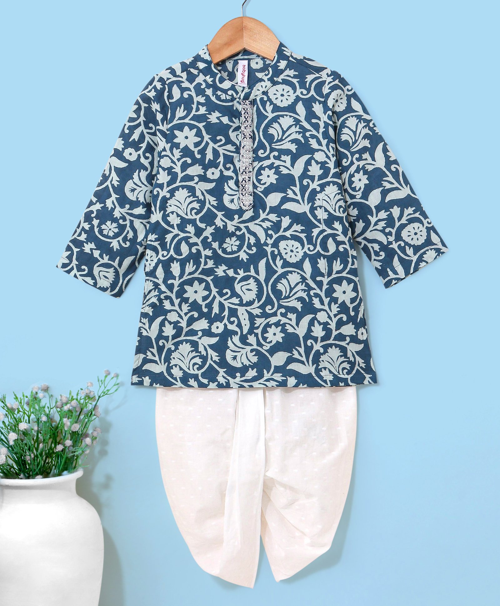 Babyhug 100% Cotton Full Sleeves Floral Printed Kurta & Dhoti - Navy Blue-image-44