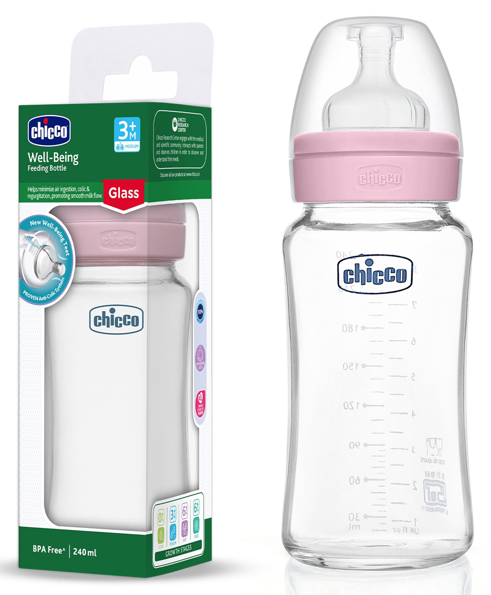 Chicco Well Being Glass Feeding Bottle Medium Flow Pink- 240 ml-picture-25