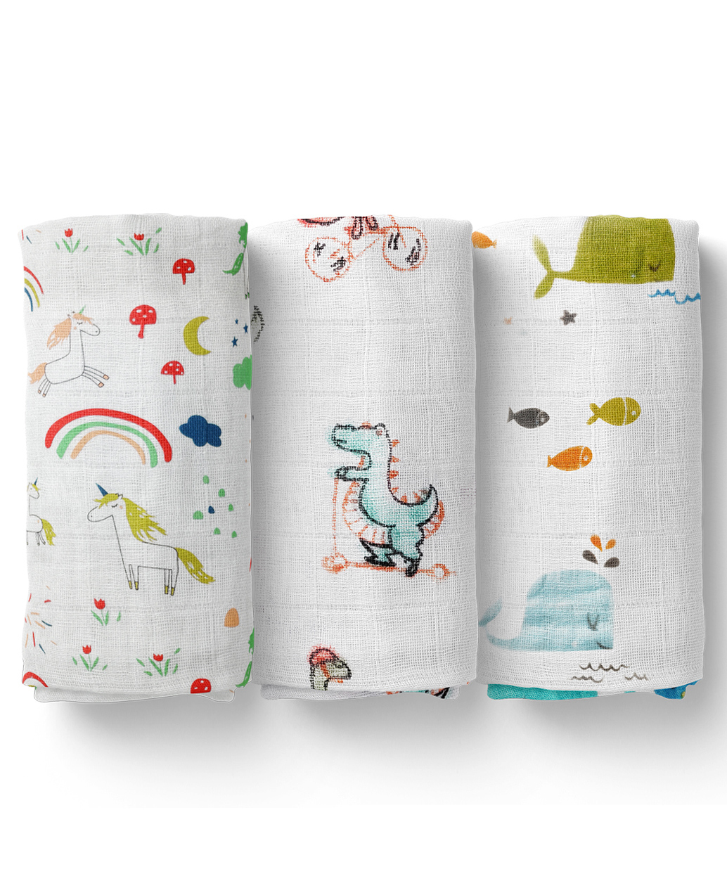 Moms Home Organic Cotton Baby Muslin Swaddle Unicorn, Whale & Dinosaur Pack of 3 - Multicolour-image-41
