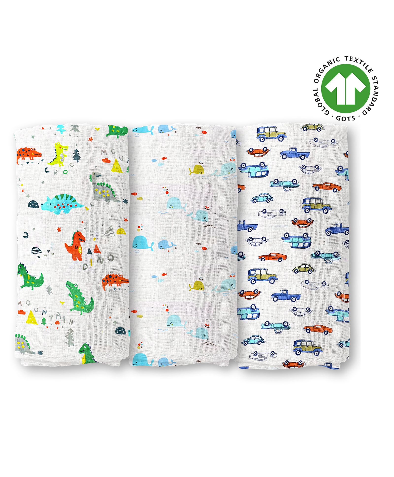 Moms Home Organic Cotton Soft Baby Muslin Swaddle Car Dino Whale Pack of 3 - Multicolour-image-21