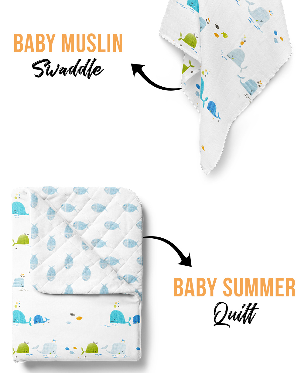 mom's home Moms Home Organic Cotton Soft Baby Muslin Swaddle & AC Quilt Combo Bluewhale Pack of 2 - Multicolor-picture-34