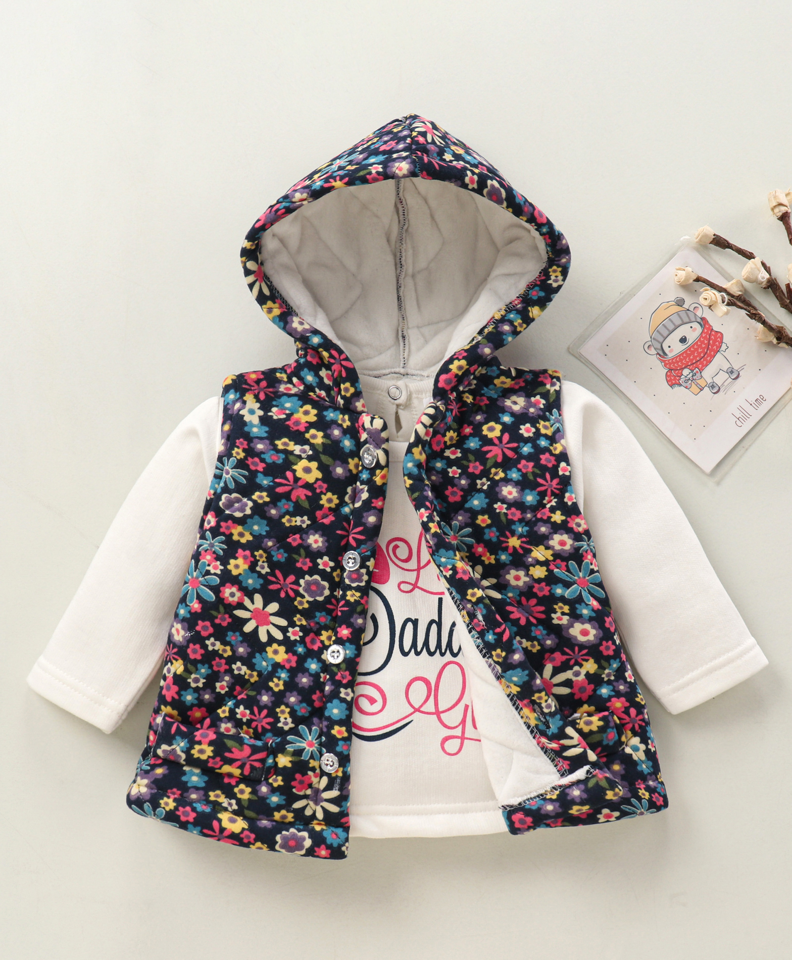 Mom's pet Full Sleeves Floral  Printed Hooded Jacket With Fleece Top- Navy Blue-picture-10