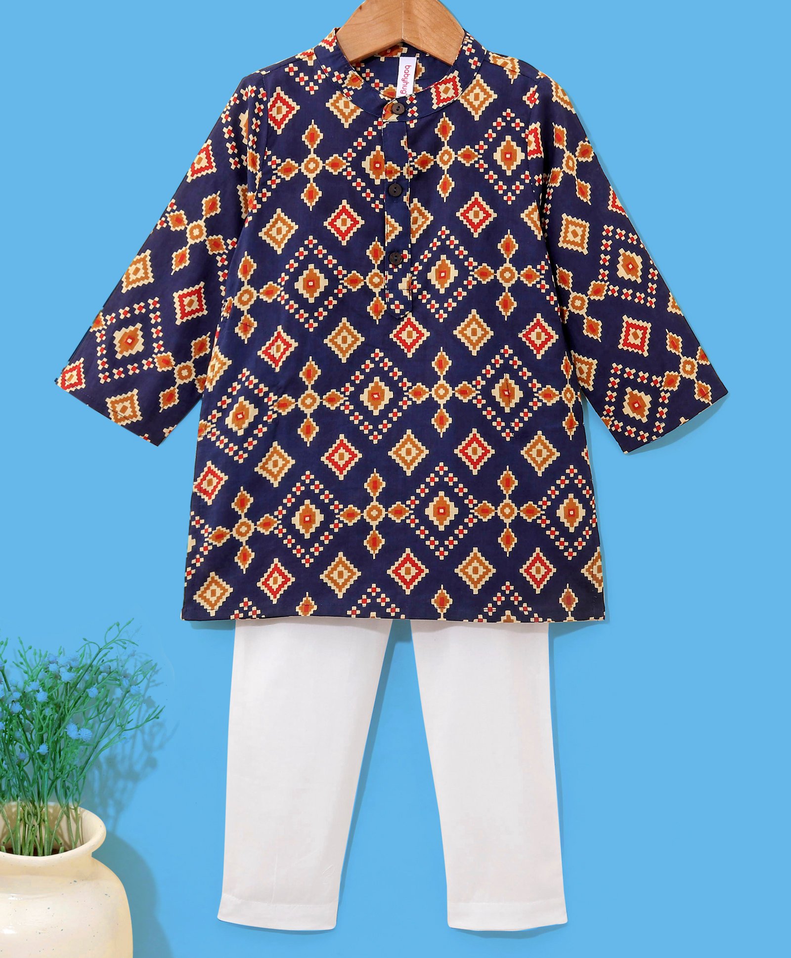 Babyhug 100% Cotton Kurta With Payjama Set Printed - Blue & White-image-6