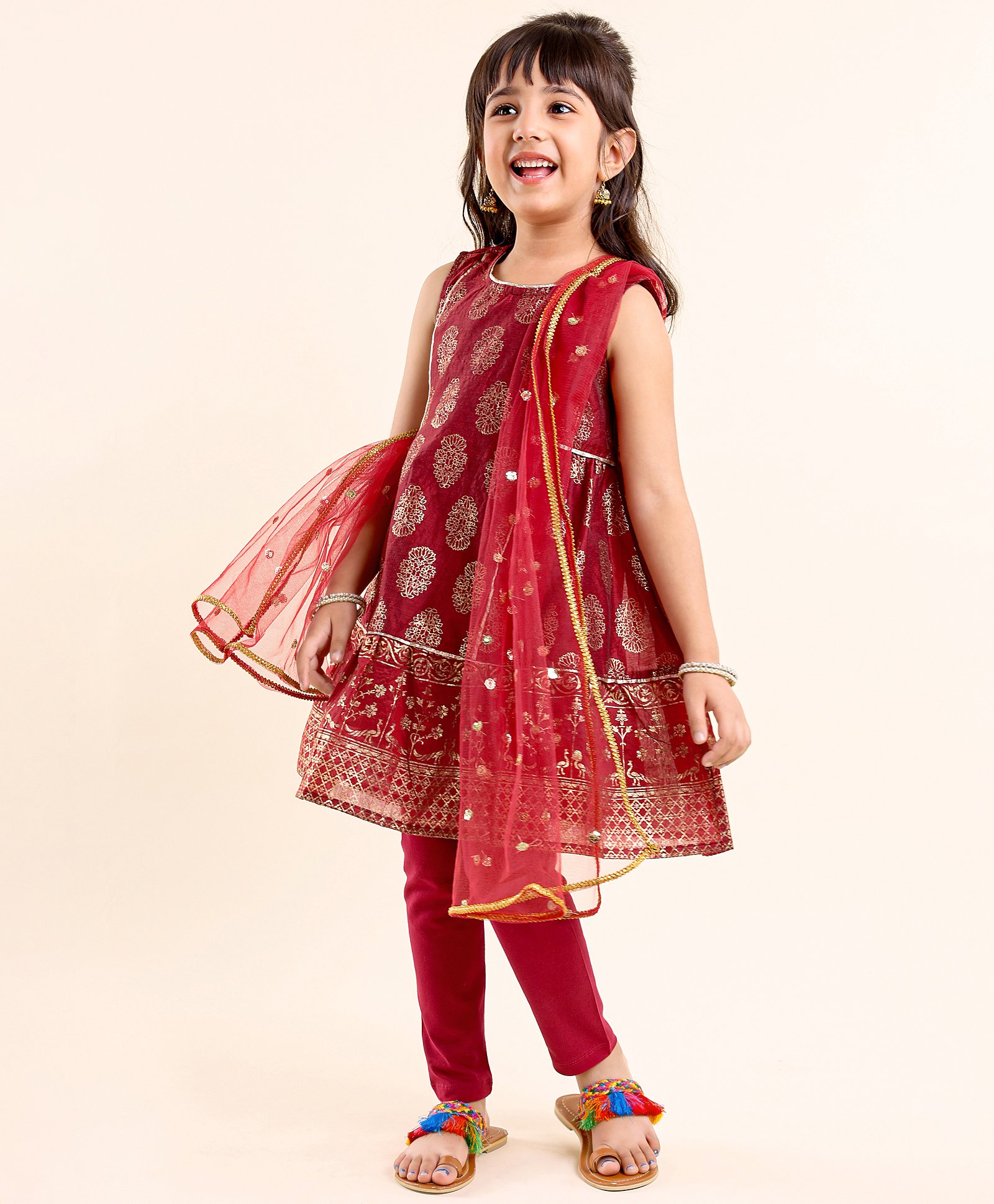 Babyhug Sleeveless Kurti With Churidar Pant & Dupatta Embroidery & Foil Print - Maroon-image-11