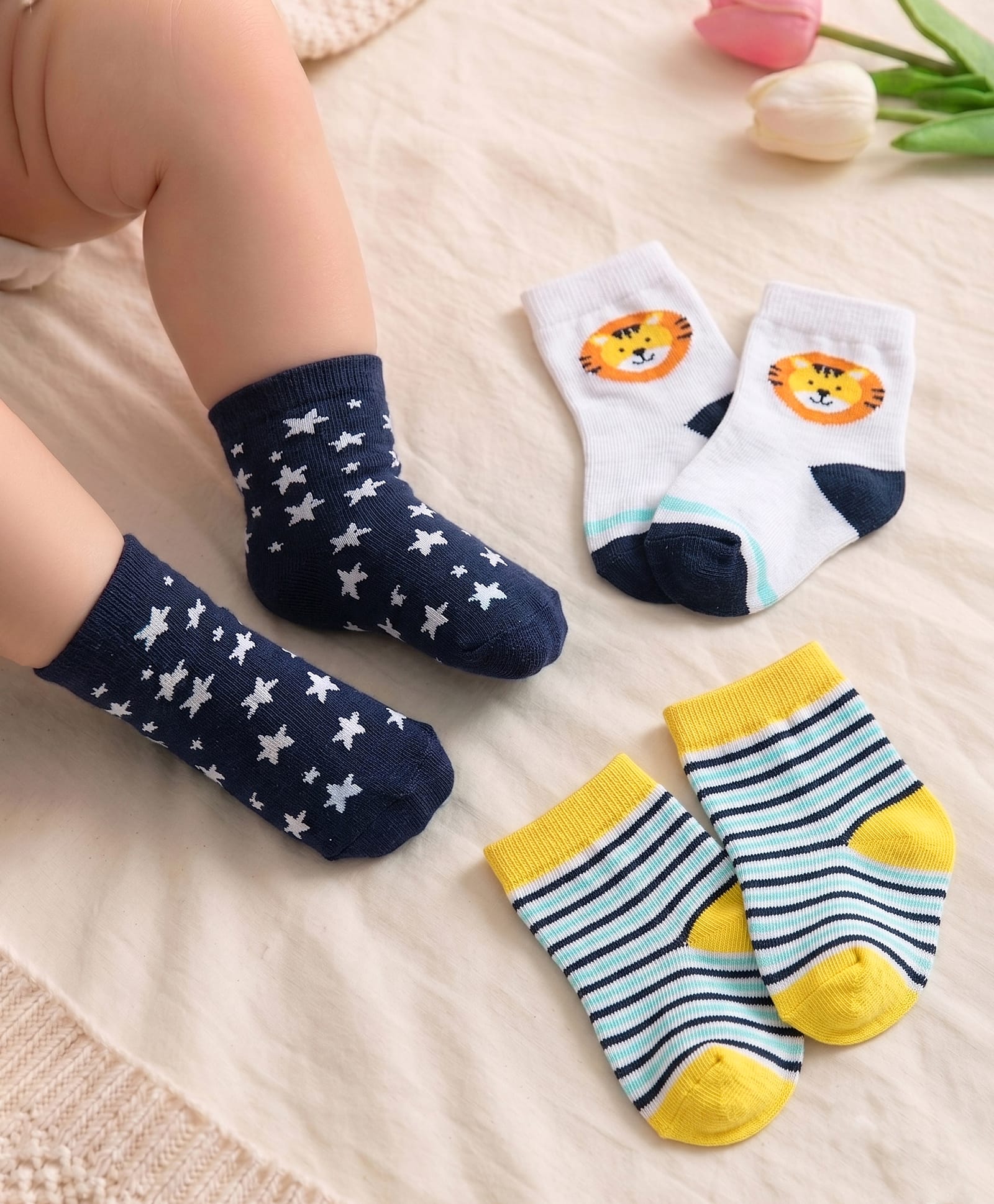 Cute Walk By Babyhug Non Terry Cotton Knit Ankle Length Anti Bacterial Socks Stripes & Stars Design Pack of 3 - Blue White & Yellow-image-47