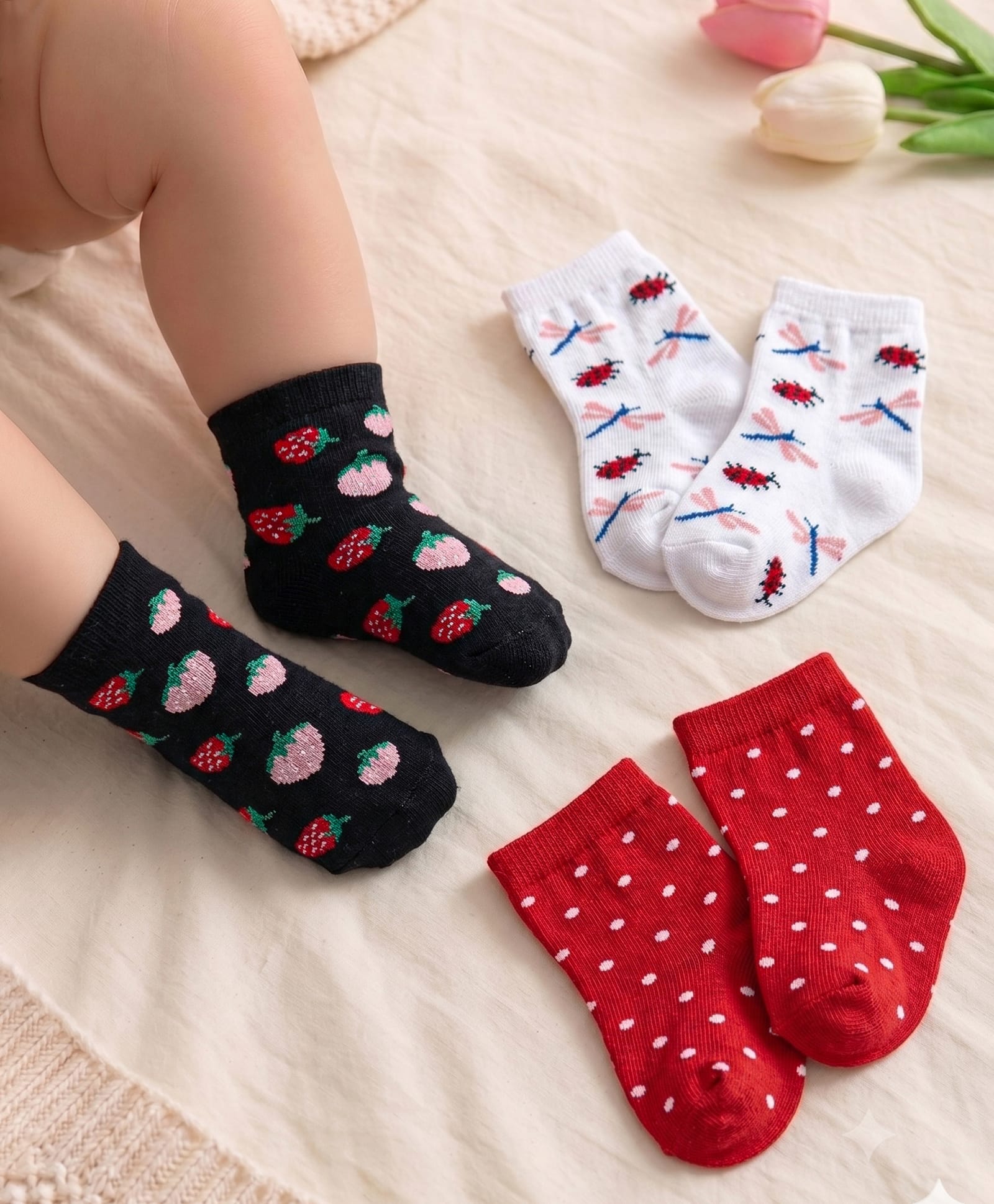 Cute Walk by Babyhug Non Terry Cotton Knit Ankle Length Anti Bacterial Socks Strawberry & Beatle Design Design Pack of 3 - Red & Black-image-22