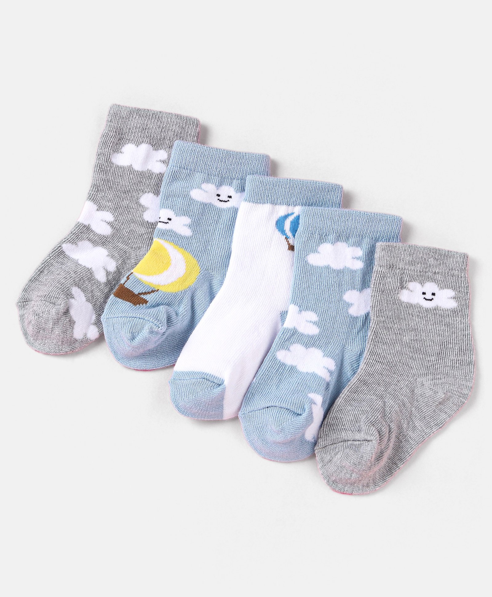 Cute Walk by Babyhug Non Terry Cotton Knit Ankle Length Anti Bacterial Socks Cloud Design Pack of 5 - Grey White & Blue-image-31