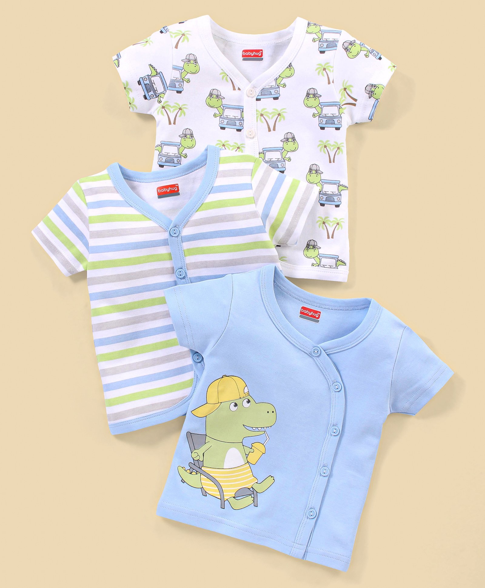 Babyhug 100% Cotton Knit Half Sleeves Striped & Dino Printed Vests Pack of 3 - White & Blue-image-43