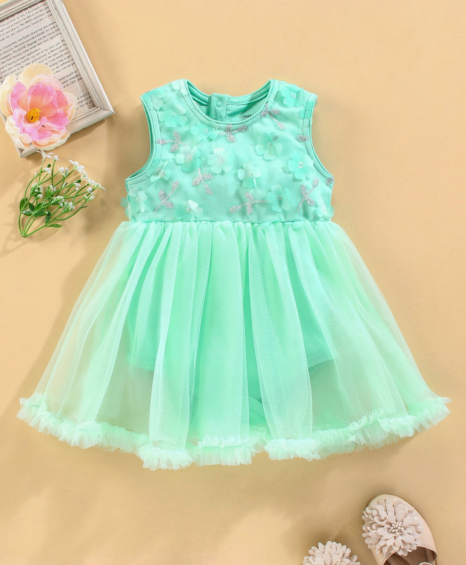 Mark & Mia Cotton Sleeveless Frock Style Party Onesie With Sequin Detailing- Green-image-23