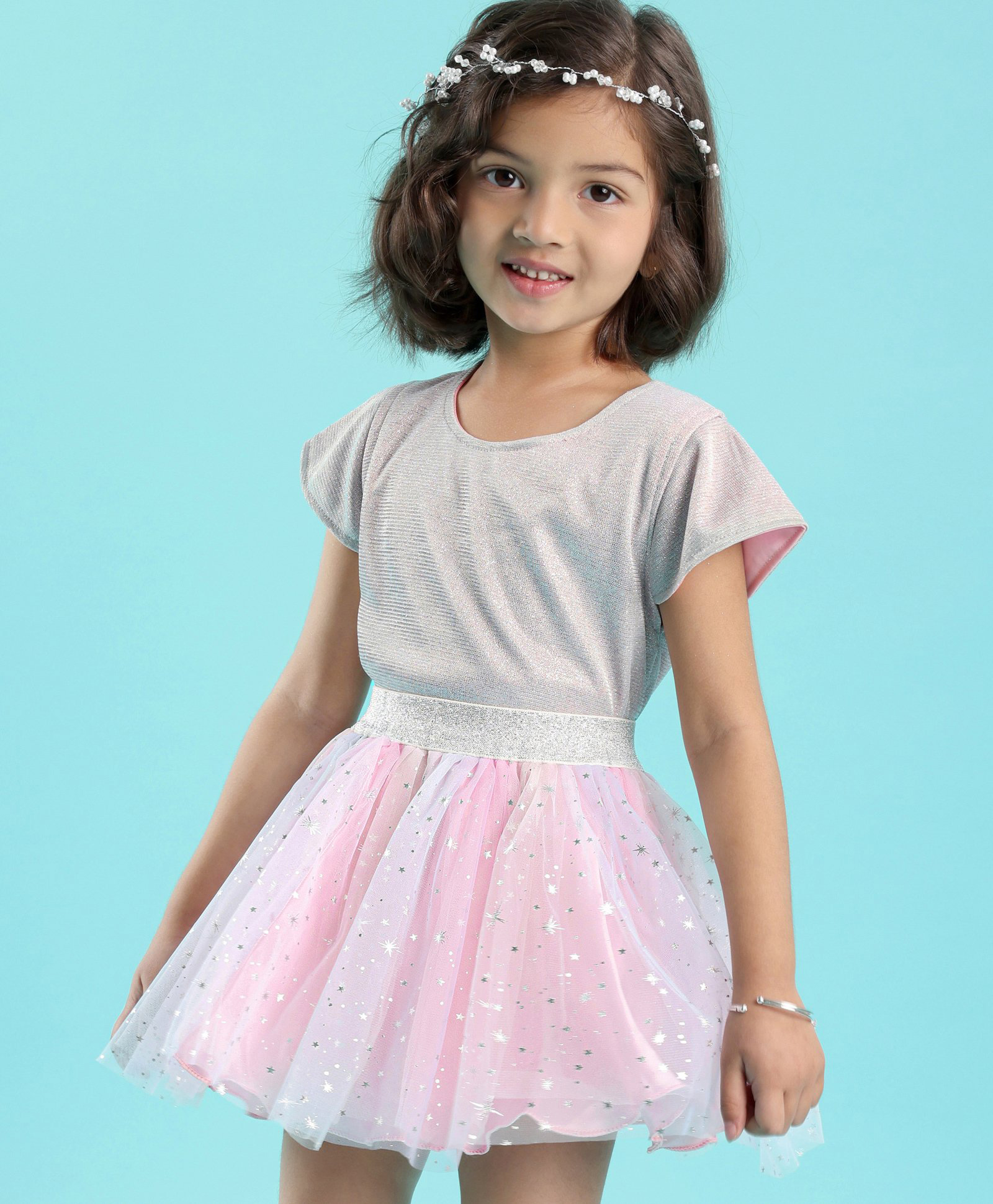 Babyhug Woven Half Sleeves Shimmer Top & Foil Printed Skirt - Pink-image-37