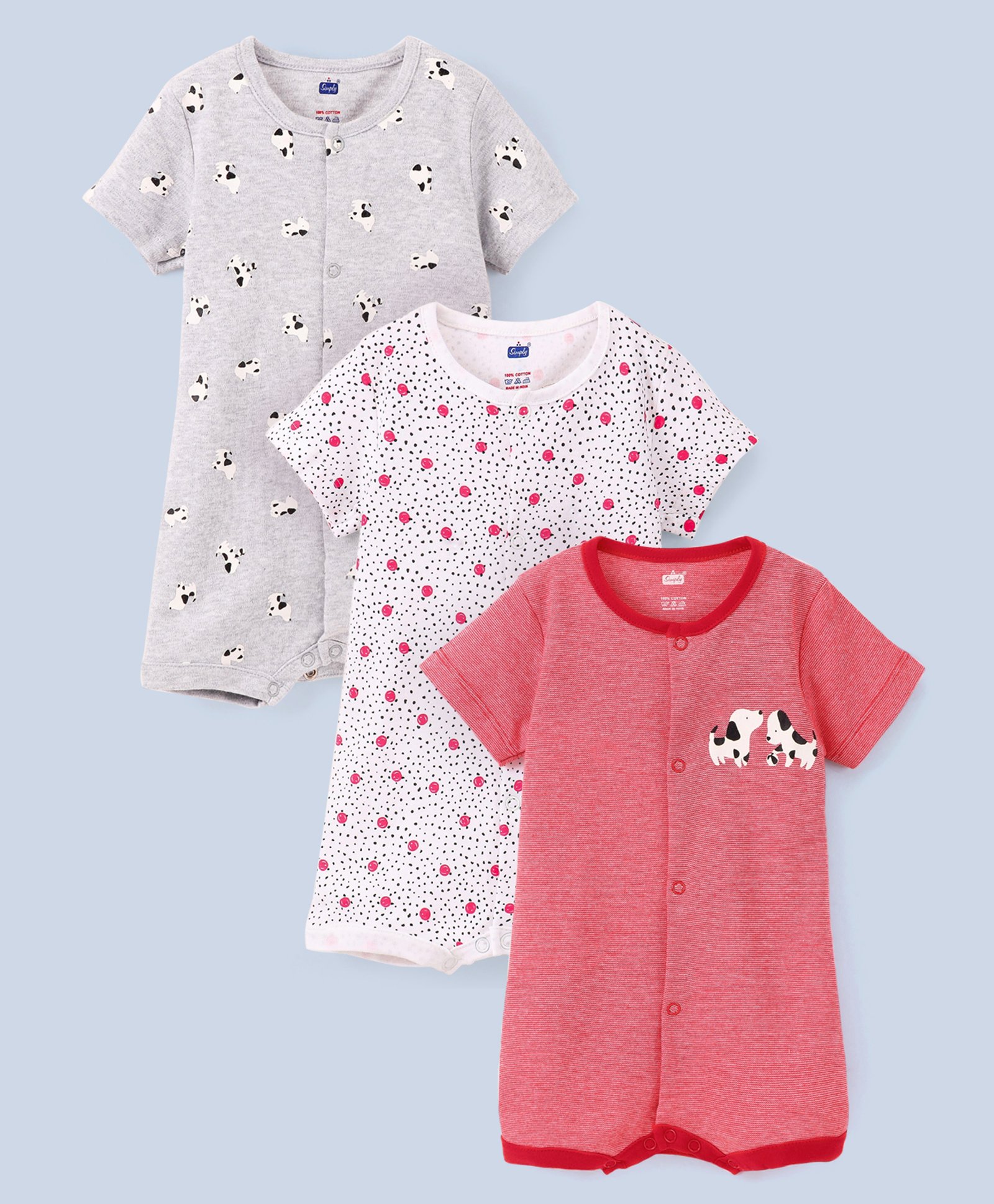 Simply Cotton Interlock Half Sleeves Rompers Dot & Puppy Print Pack of 3- Red & White-picture-16