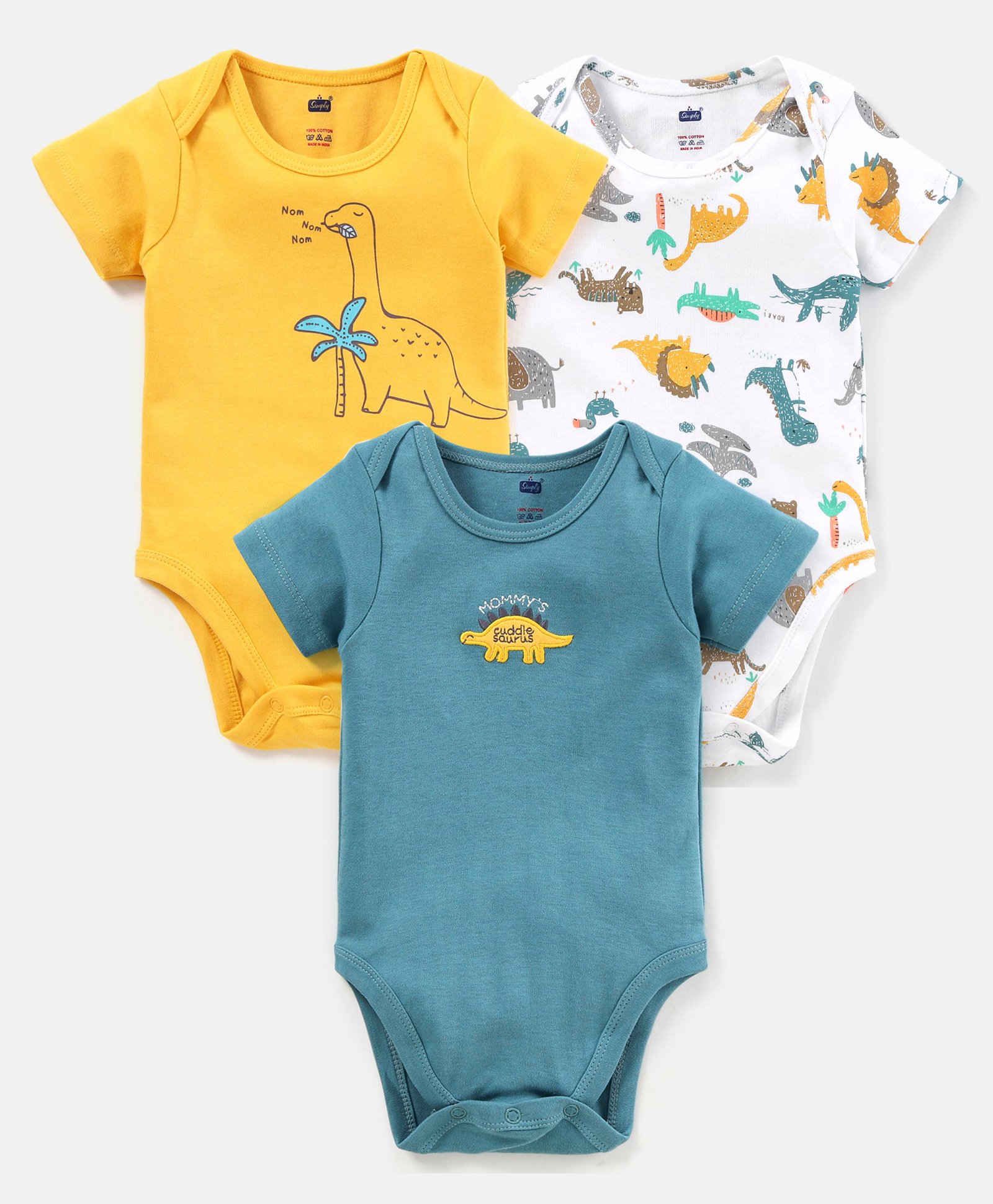 Simply Cotton Half Sleeves Onesies Dino Print Pack of 3 - Yellow White & Blue-image-39