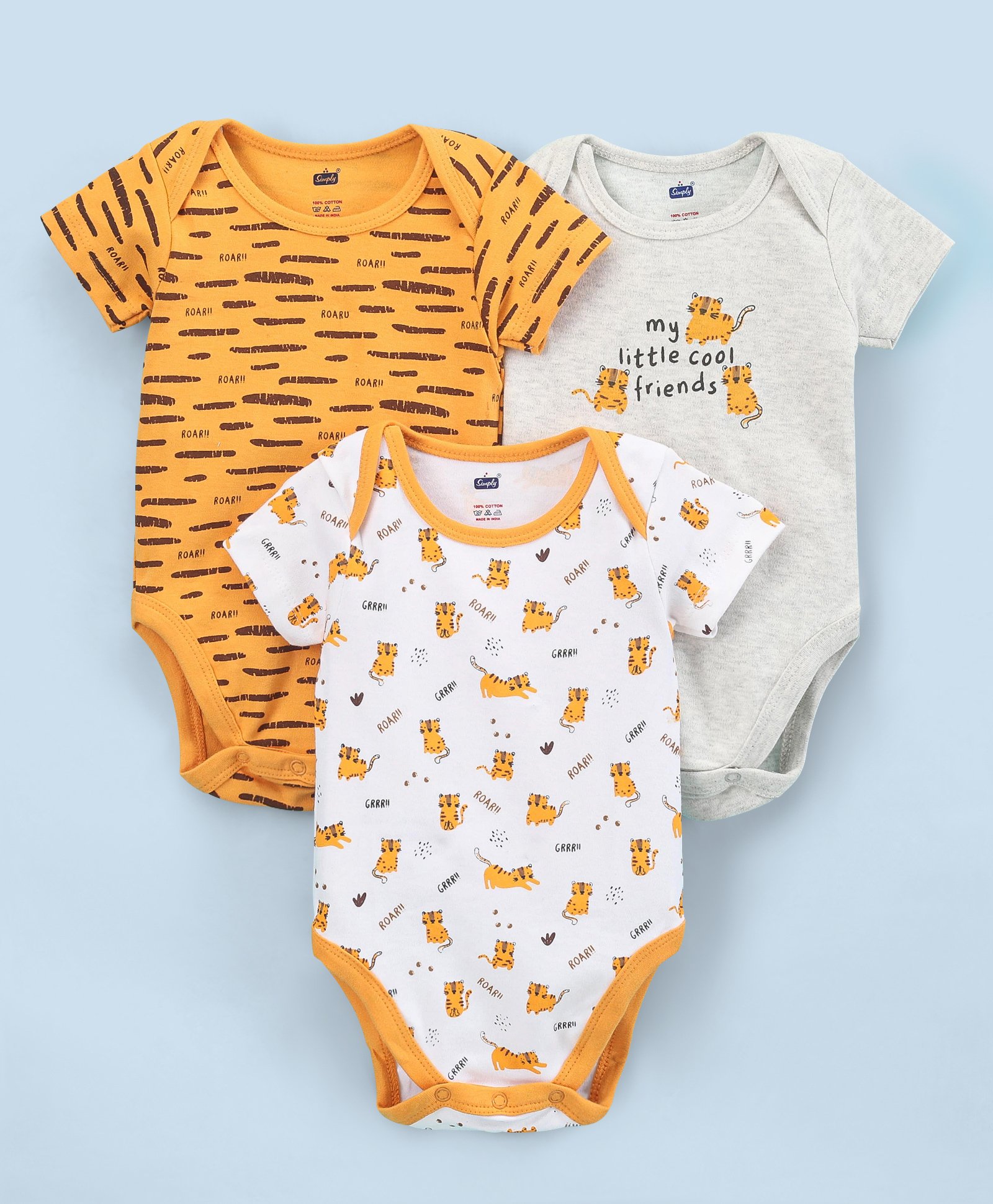 Simply Cotton Interlock Half Sleeves Onesies Tiger Print Pack of 3- Yellow & White-picture-12