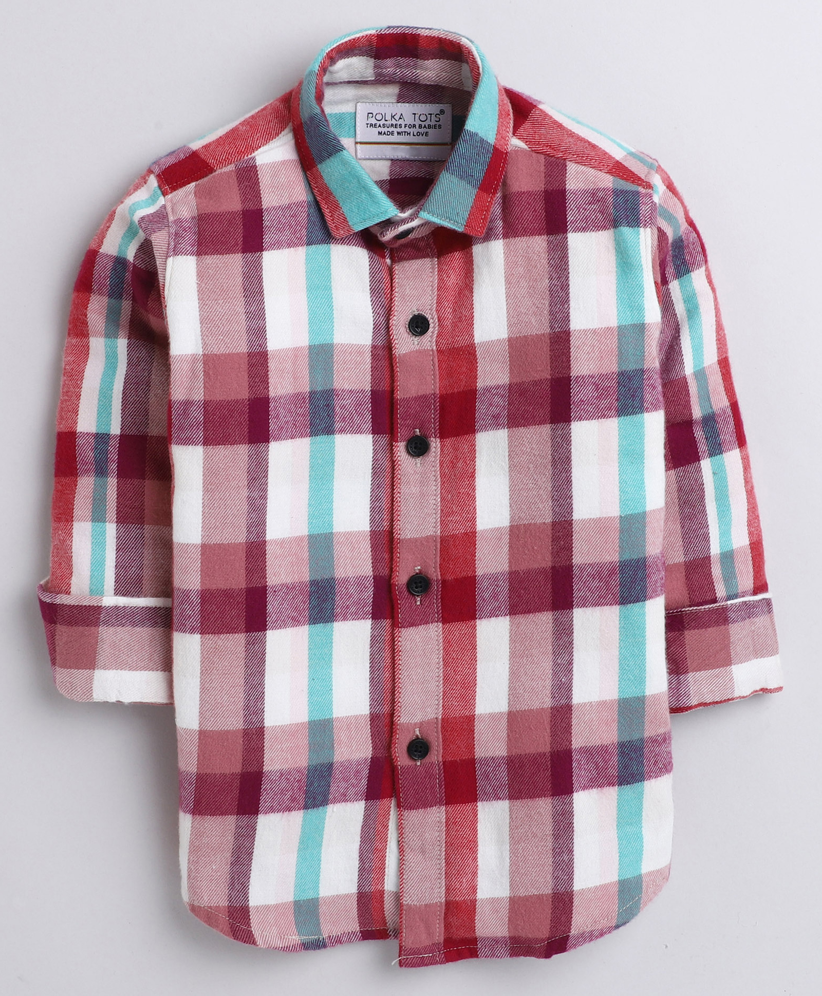 Polka Tots Full Sleeves Checked Shirt With Gangsta Napper Printed Attached Tee - White & Red-image-44