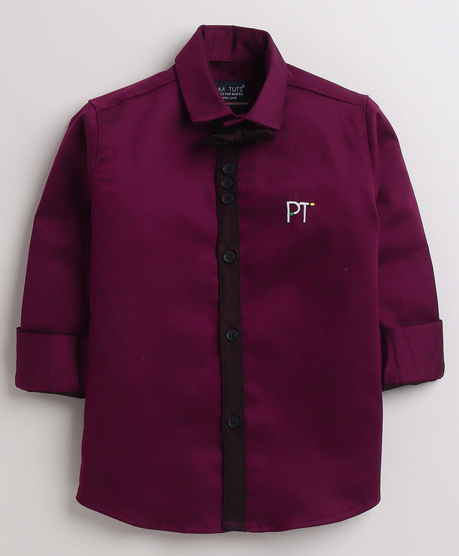 Polka Tots Full Sleeve Party Wear Reverse Collar Placket With Bow T-Shirt - Maroon-image-48
