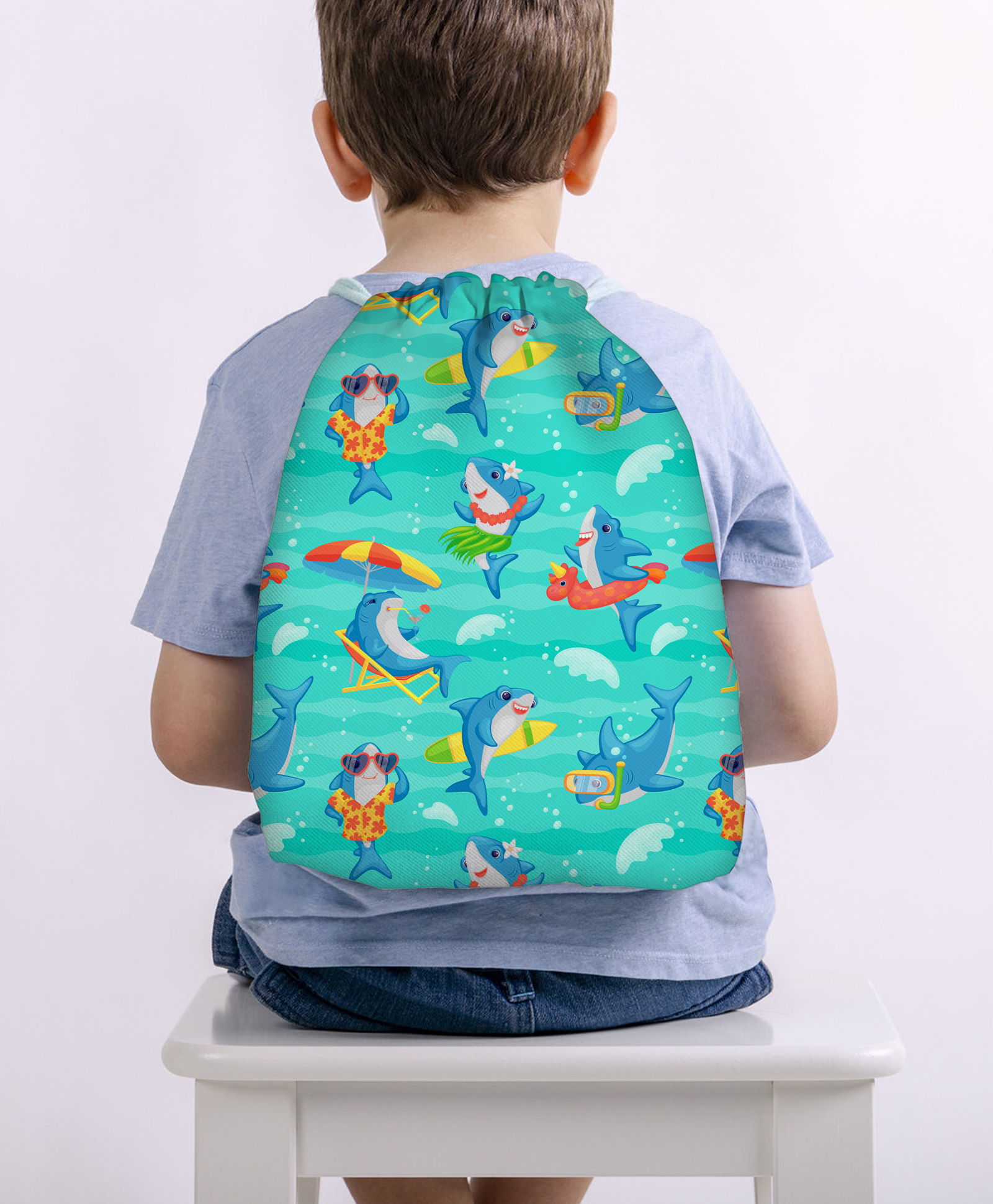 Baby of Mine Cool Shark Print Waterproof Drawstring Multipurpose Bag Blue - Height 16 Inches-image-31