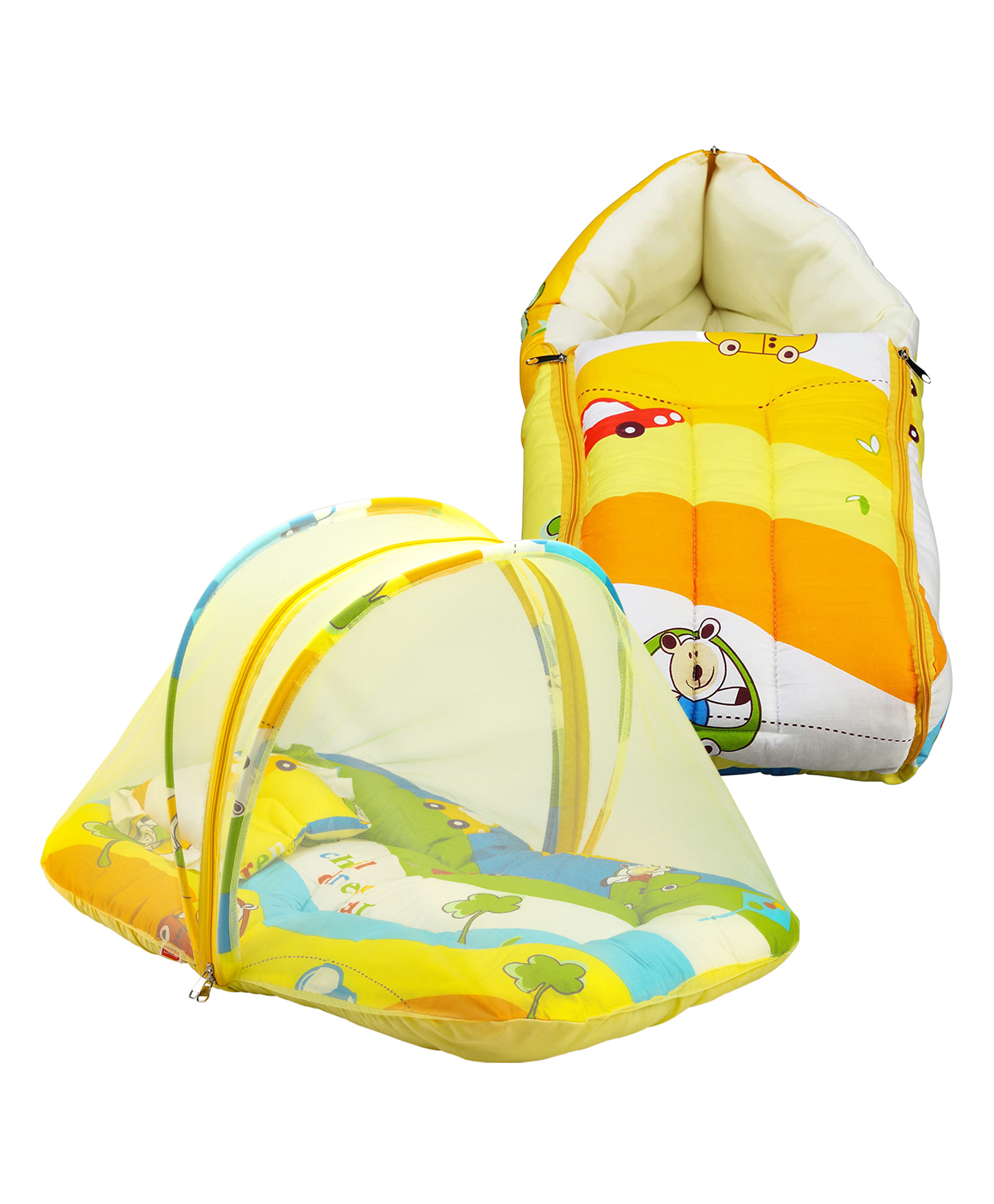 LuvLap Baby Mattress with Mosquito Net Cars Print- Light Green