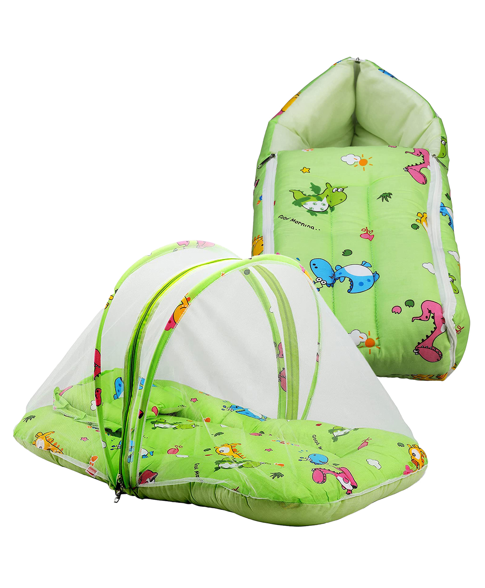 LuvLap Baby Mattress with Mosquito Net Dino Print- Light Green-picture-17