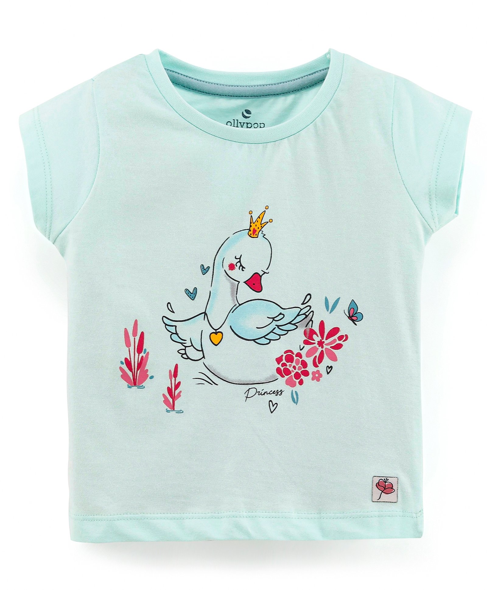 Ollypop Cotton Knit Half Sleeves Duck & Floral Printed T-Shirt - Sea Blue-image-45