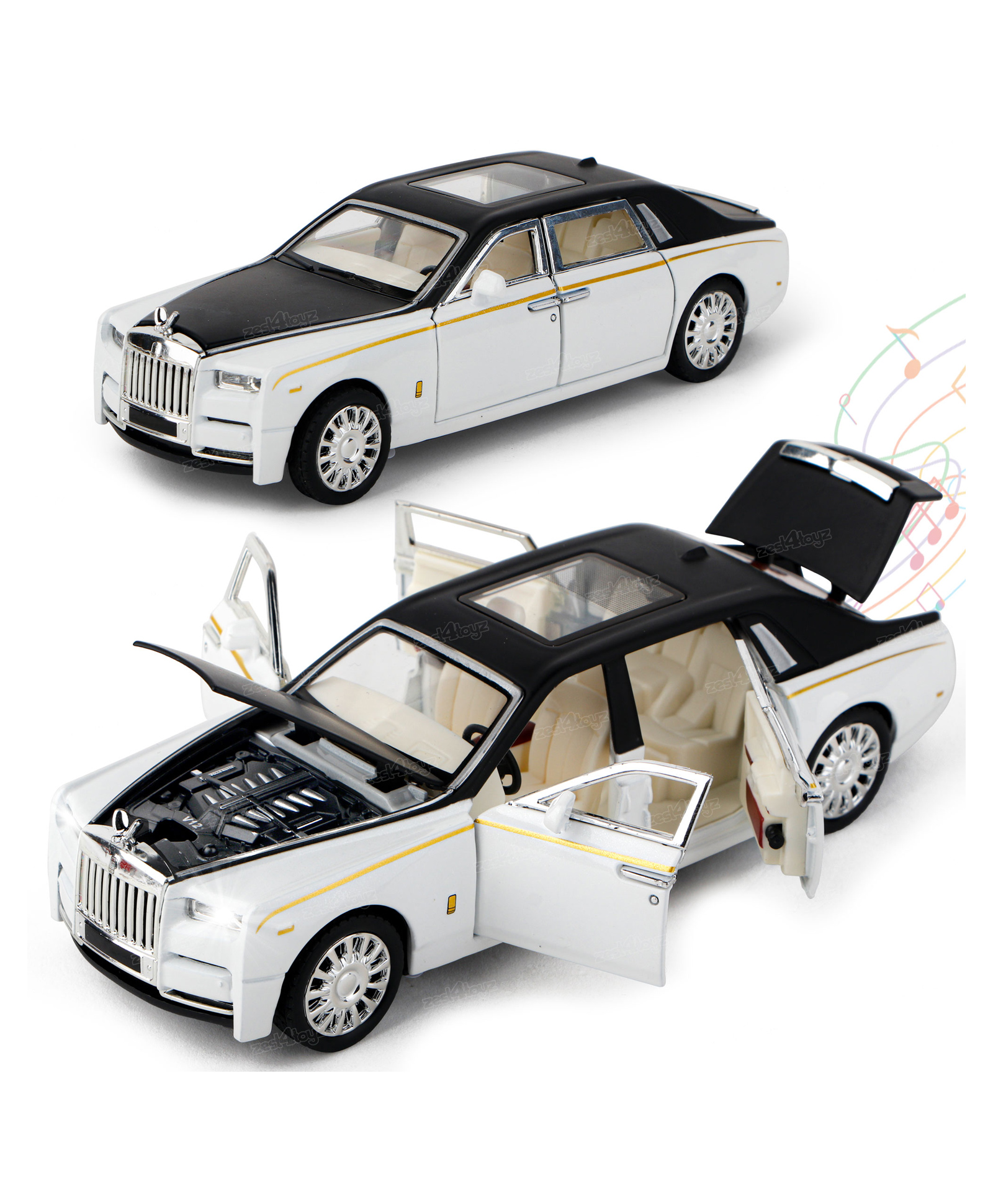 Fiddlerz Diecast Metal Pullback Openable Doors Toy Cars 1:32 Scale with Flashing Light and Musical Sound - White-image-48
