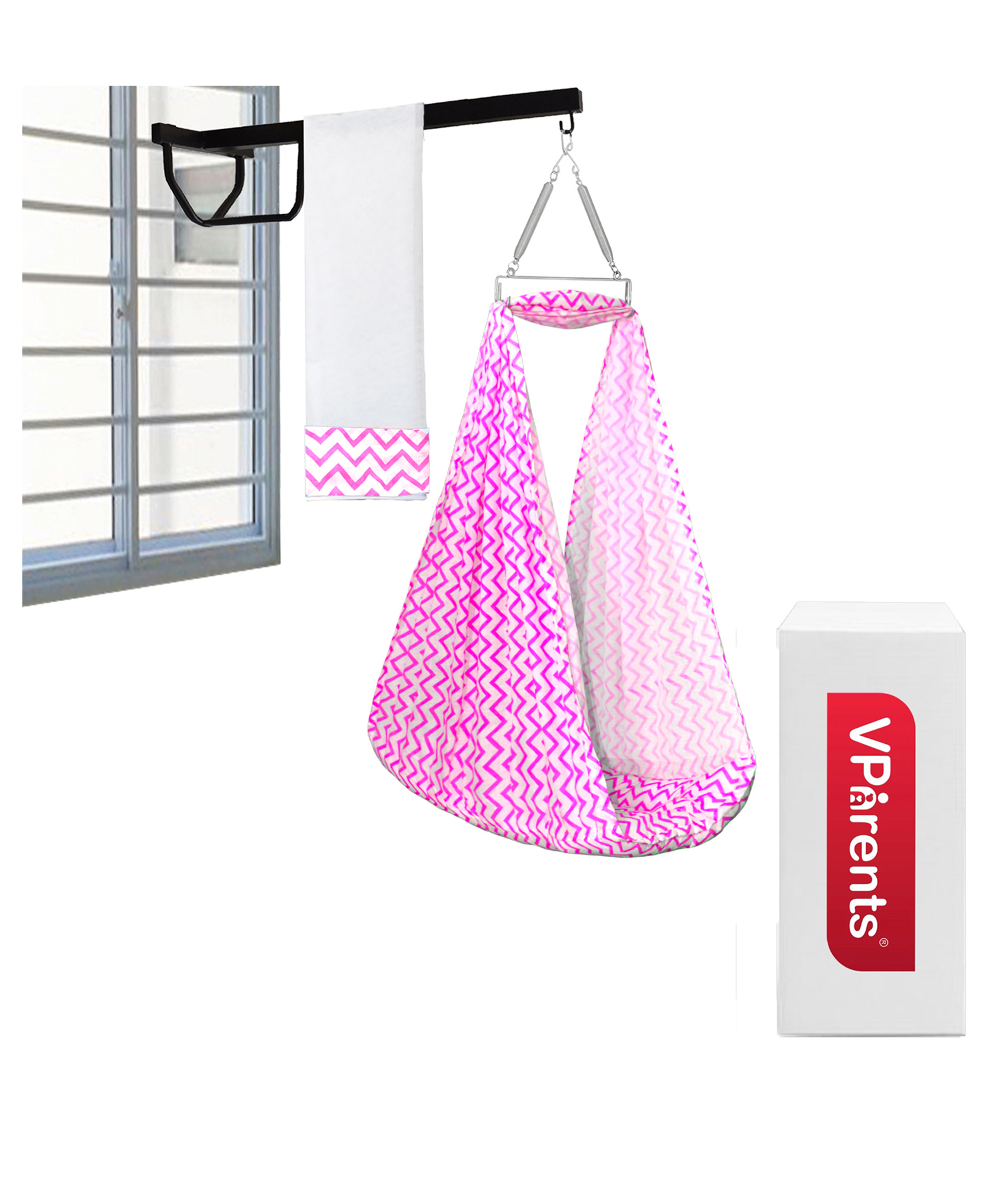 VParents Cherub Baby Swing Cradle with Mosquito Net Spring and Metal Window Cradle Hanger Pink-image-14