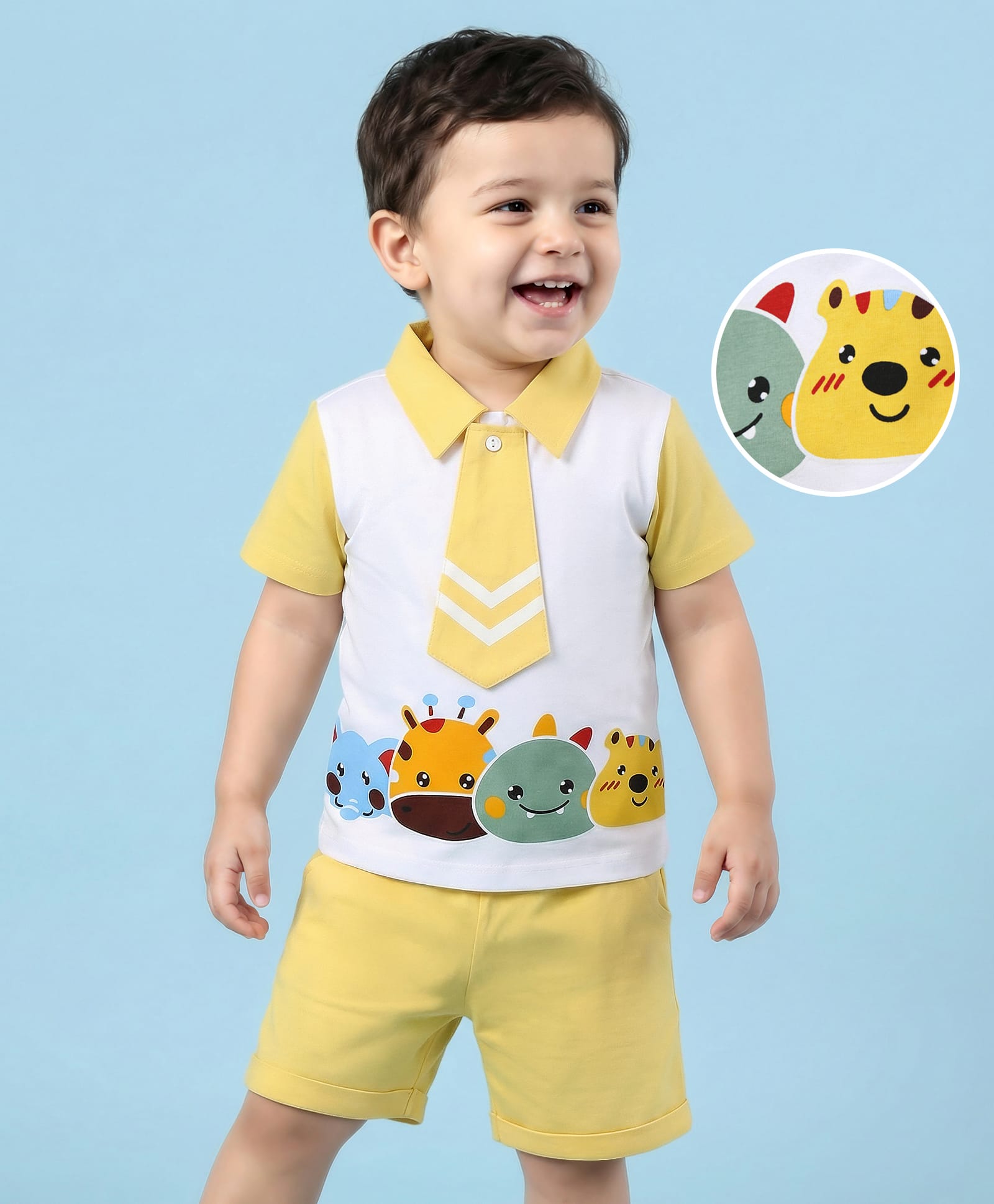 Mark & Mia Half Sleeves T-Shirt and Shorts Set Animal Face Print - Yellow & White-image-5