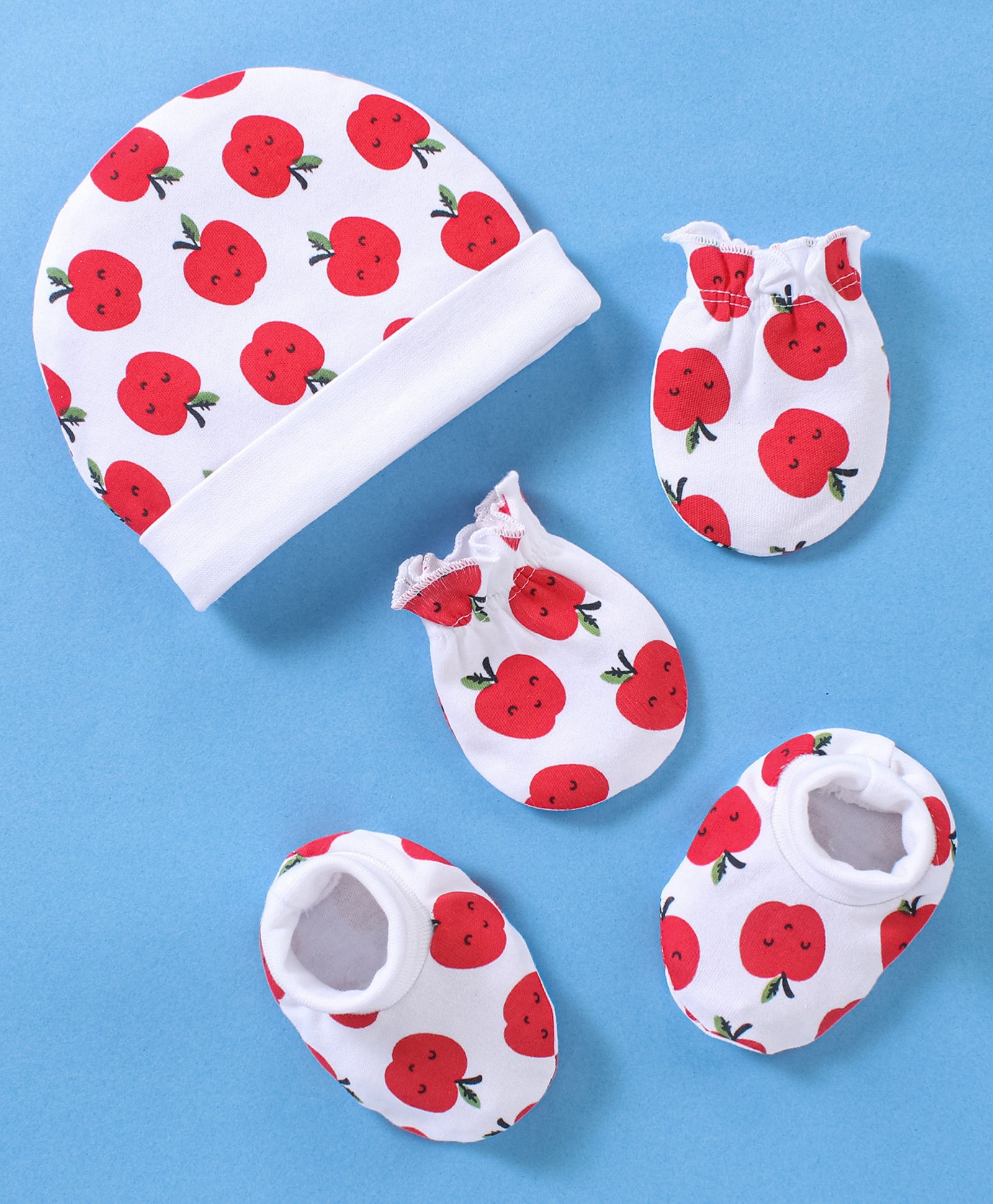 Babyhug 100% Cotton Cap Mittens & Booties Apple Print White- Diameter 9.5 cm-image-28