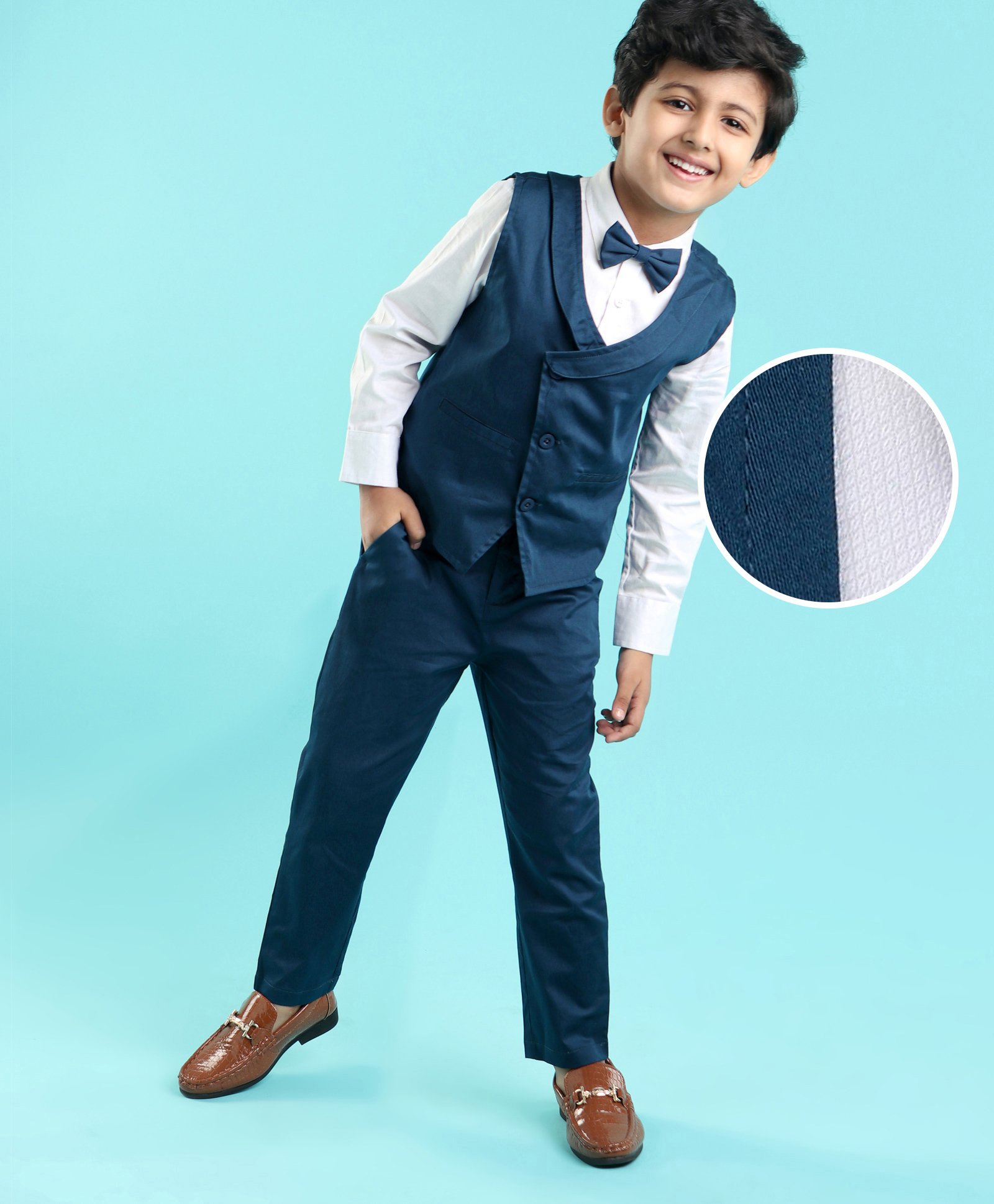 Mark & Mia Full Sleeves Solid Party Suit with Bow & Striped Waistcoat - Blue-picture-17