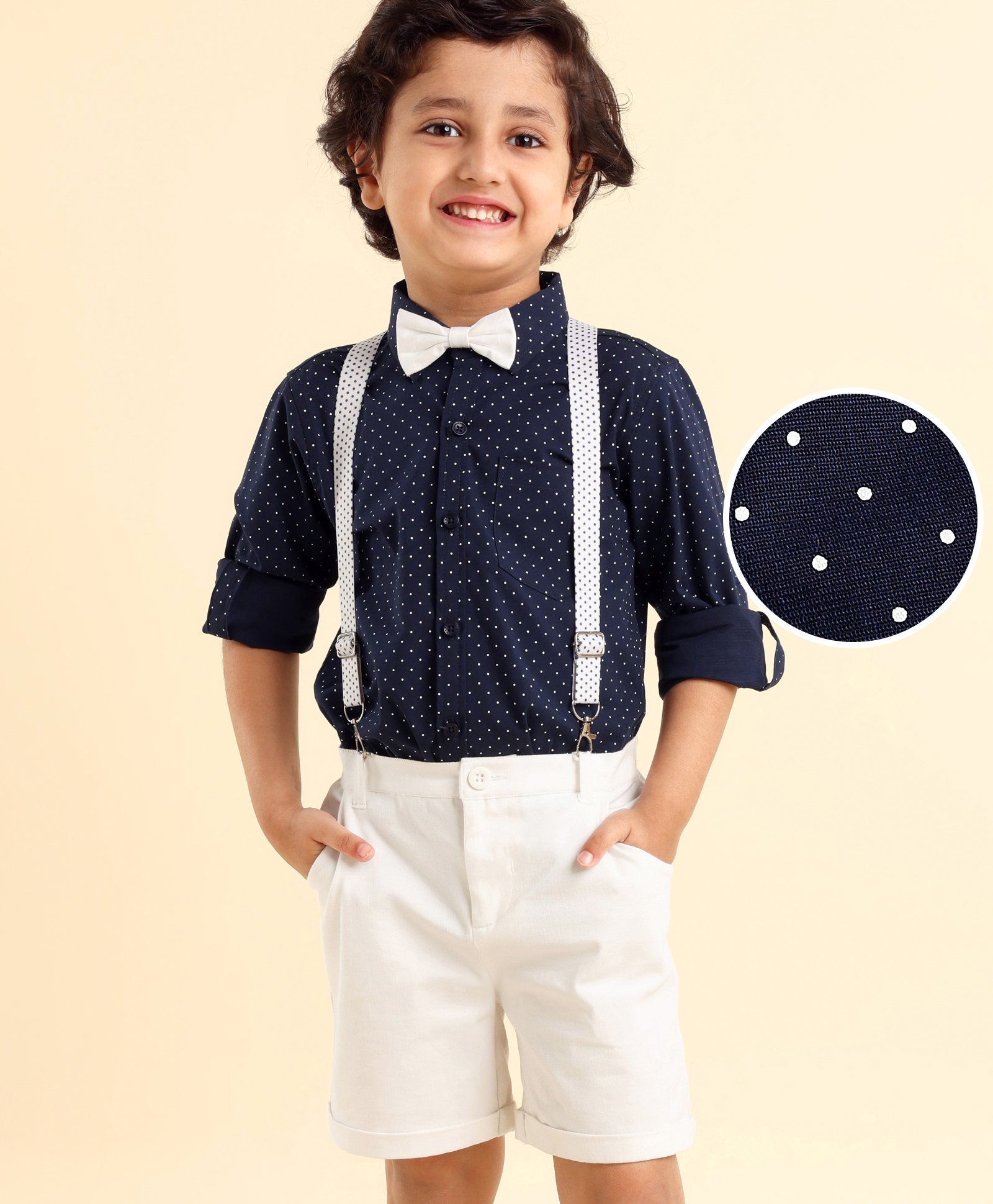 Mark & Mia Full Sleeves Shirt & Shorts With Suspender & Bow Detailing Polka Dot Print- Blue & White-picture-22