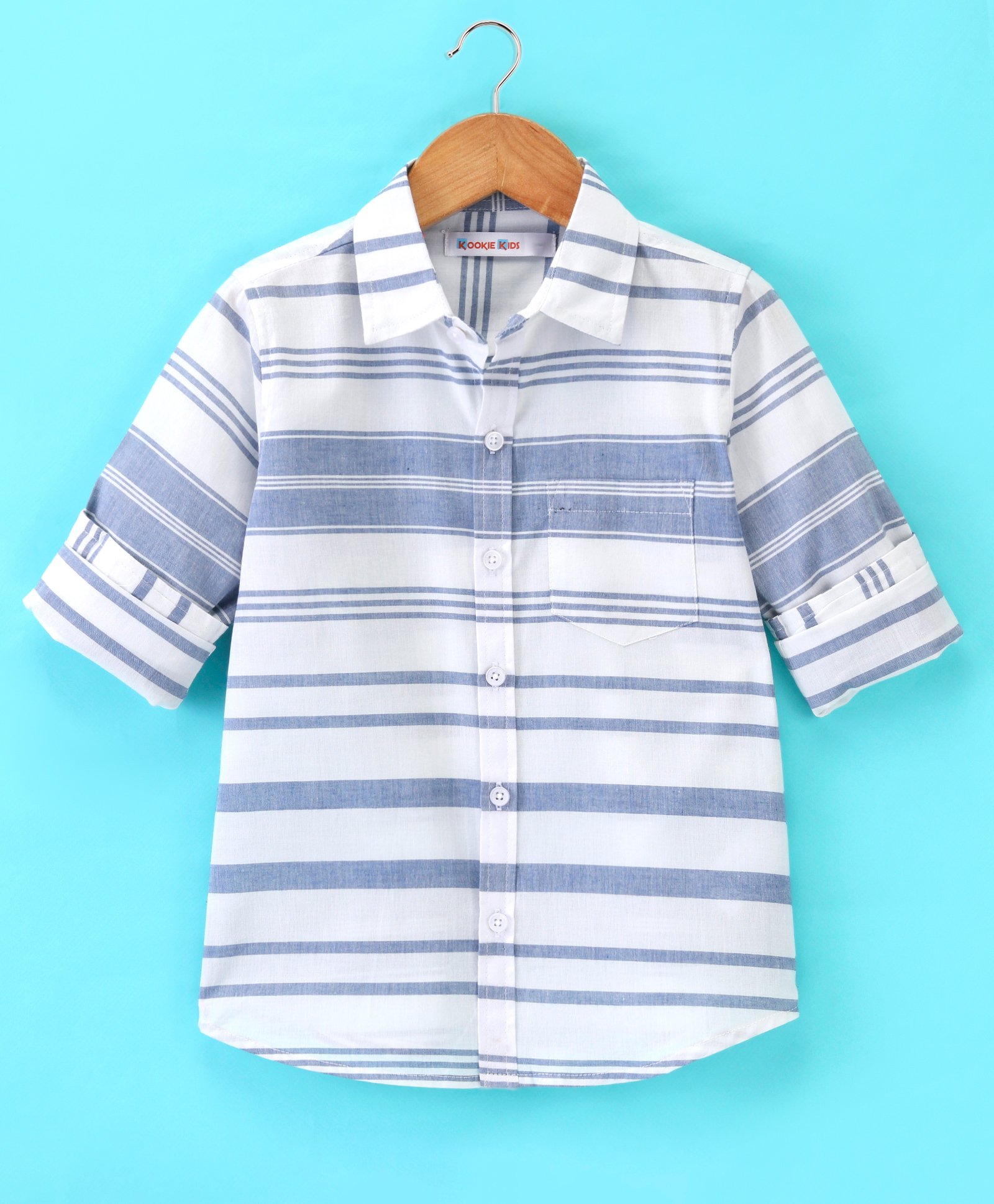 Kookie Kids Full Sleeves Yarn Dyed Striped Shirt with Pocket Detailing - Blue-image-11