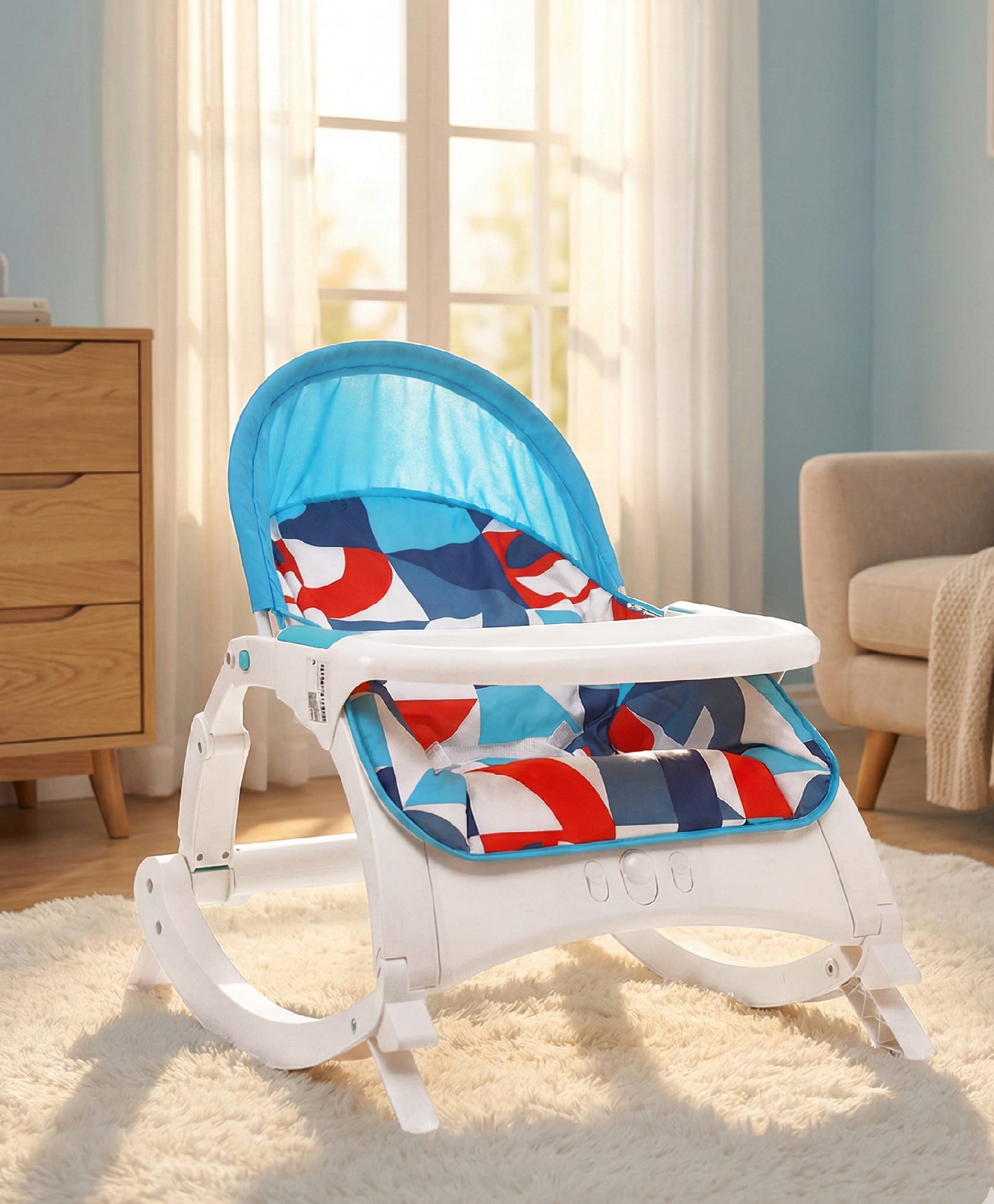 2 in 1 Baby Bouncer Newborn to Toddler Rocker Cum Reclining Chair with Removable Tray & Soothing Vibrations and Music - Blue