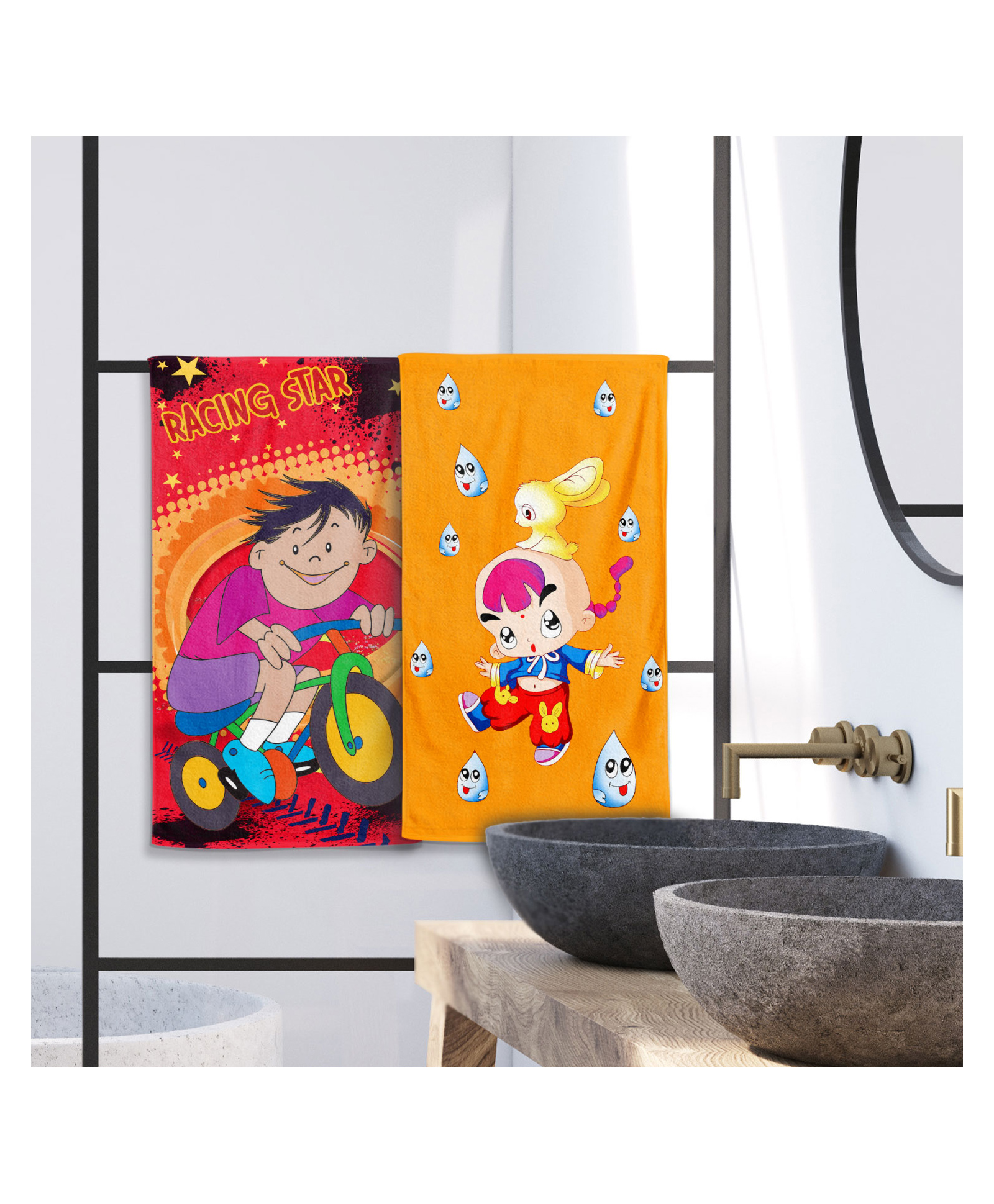 Sassoon 100% Cotton 300 GSM Kids Cartoon Super Soft Printed Hand Towel for Bathroom Pack  of 2- Red Orange-picture-1