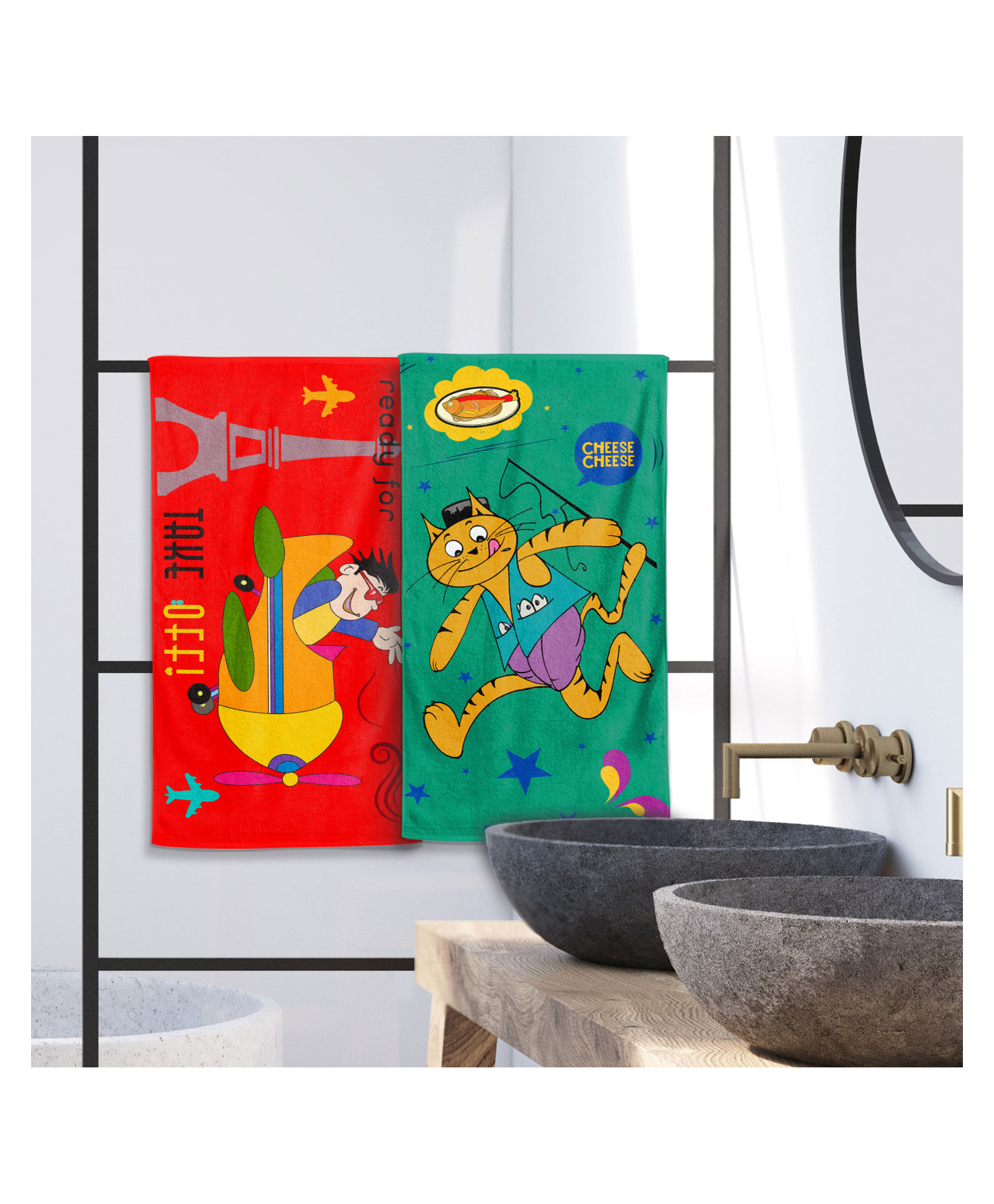 Sassoon 100% Cotton 300 GSM Kids Cartoon Super Soft Printed Hand Towel for Bathroom Pack  of 2- Red Green-image-8