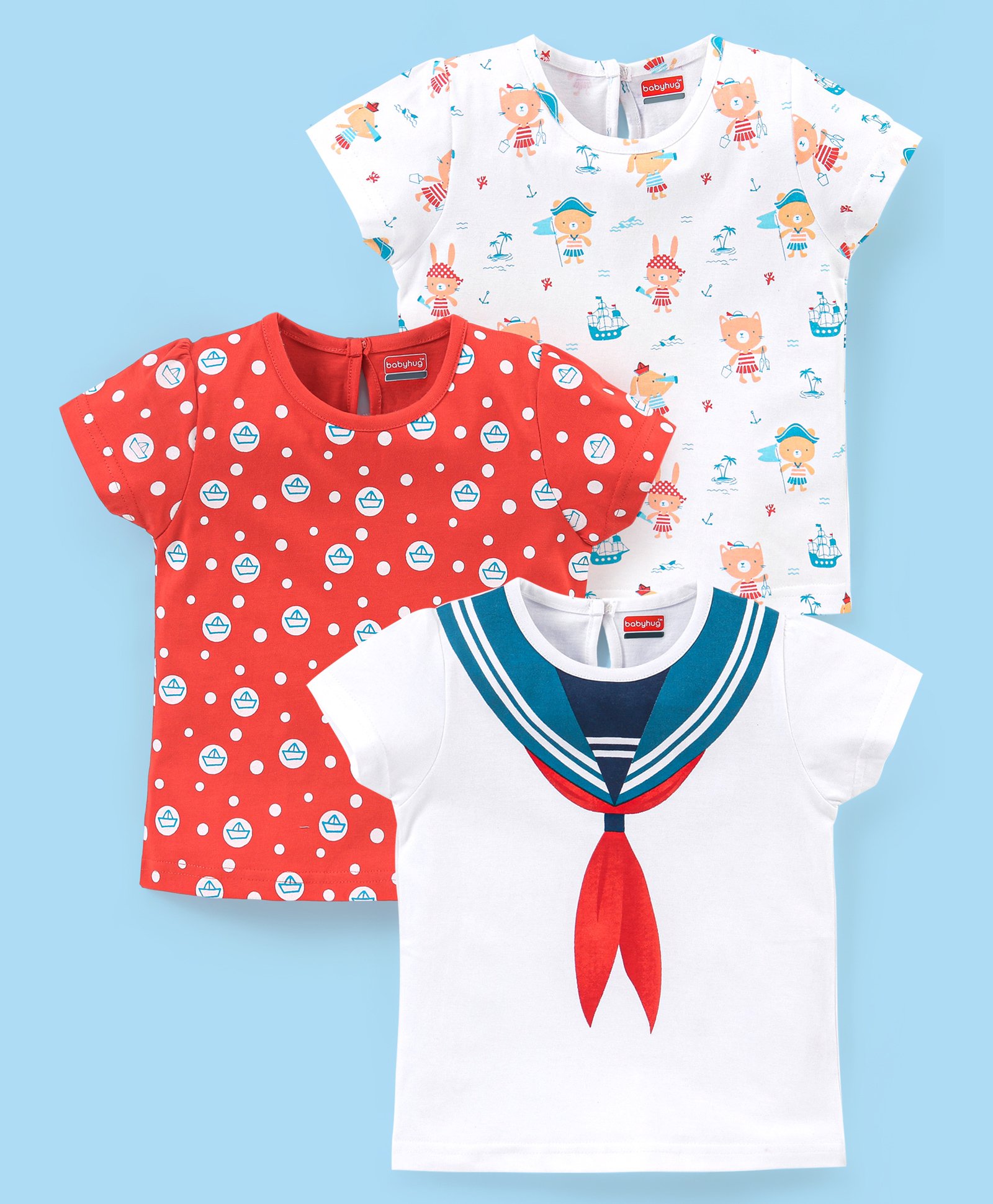 Babyhug 100% Cotton Half Sleeves  Pirate Themed Tee Pack of 3 - Red & White-picture-25