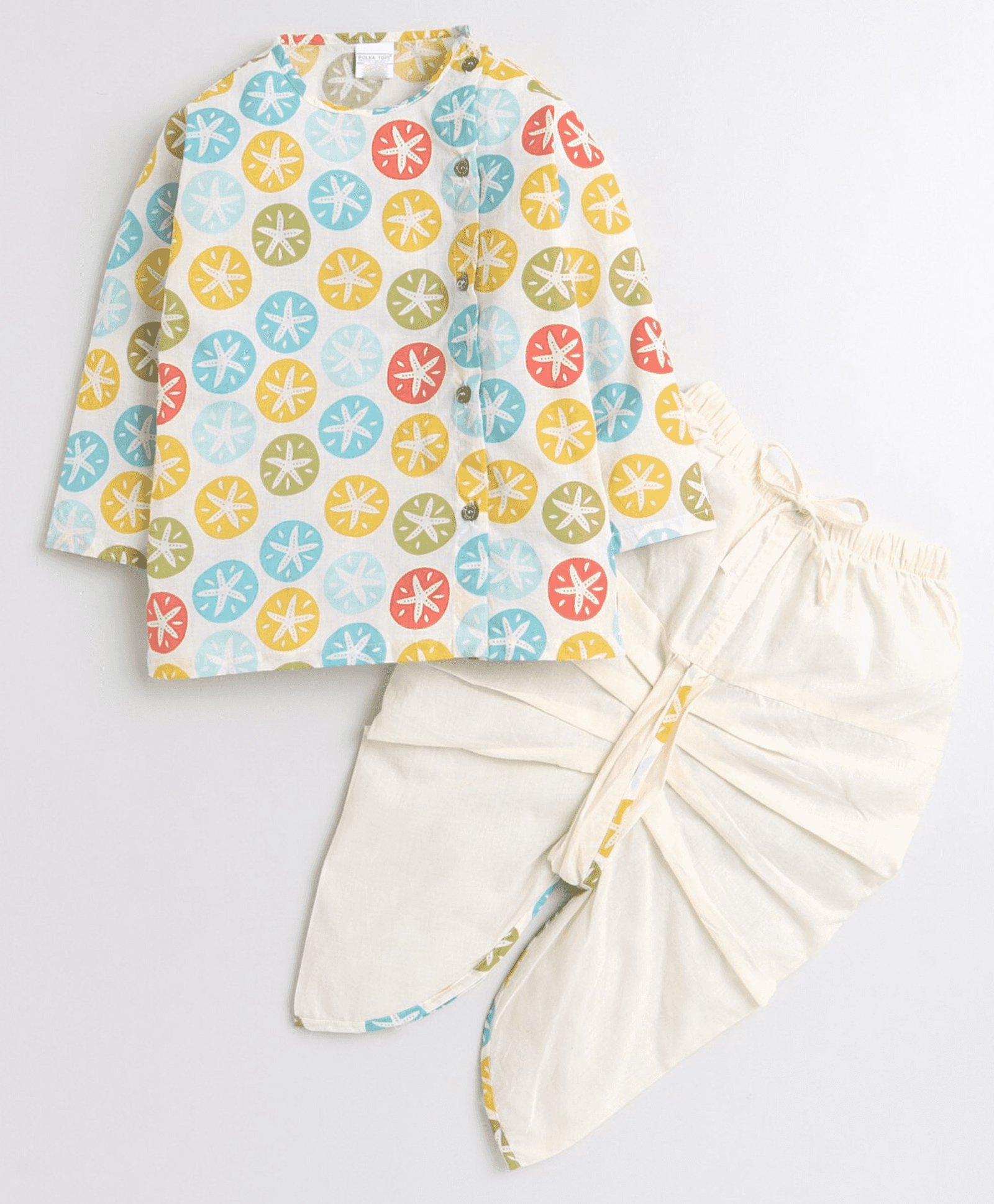 Polka Tots Full Sleeve All Over Star Fish Print Kurta With Coordinating Dhoti - Multi Colour & Cream-image-1
