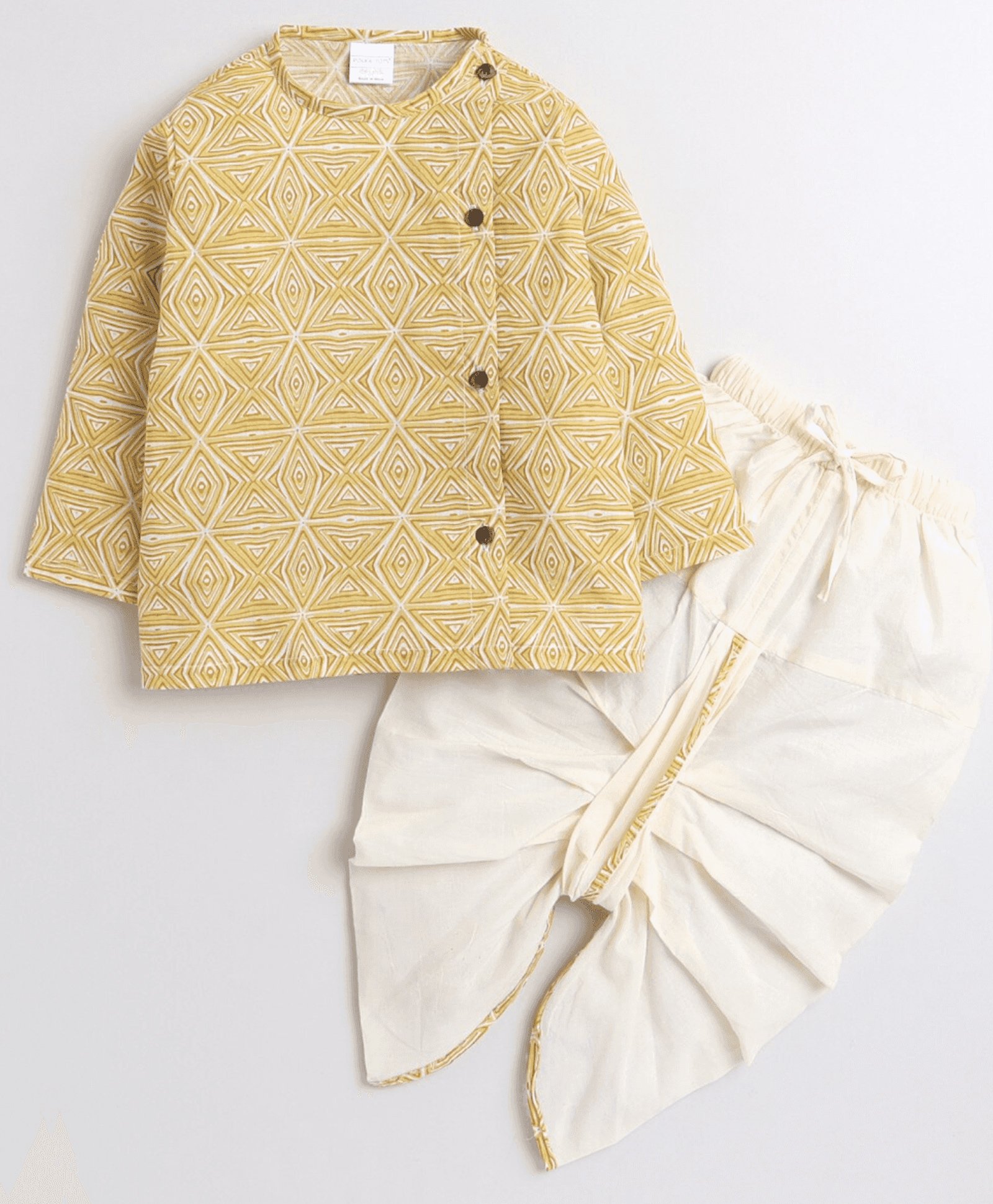 Polka Tots Full Sleeve All Over Geometric Abstract Printed Angrakha Kurta With Dhoti - Yellow-picture-22