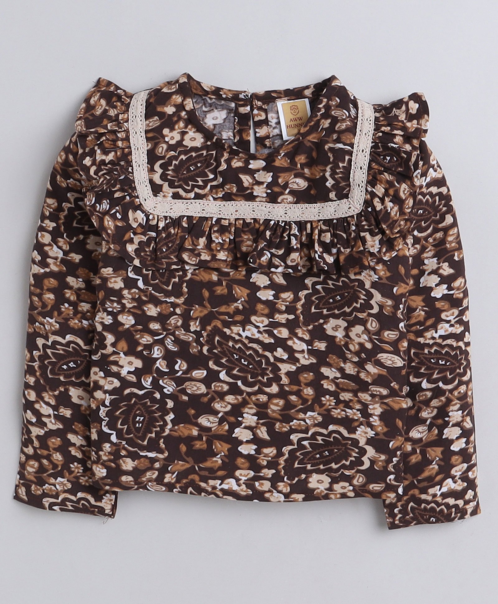 Aww Hunnie 100% Cotton Full Sleeves Leaf And Flowers Printed Frilled Shoulder With Lace Work Top - Brown-image-1