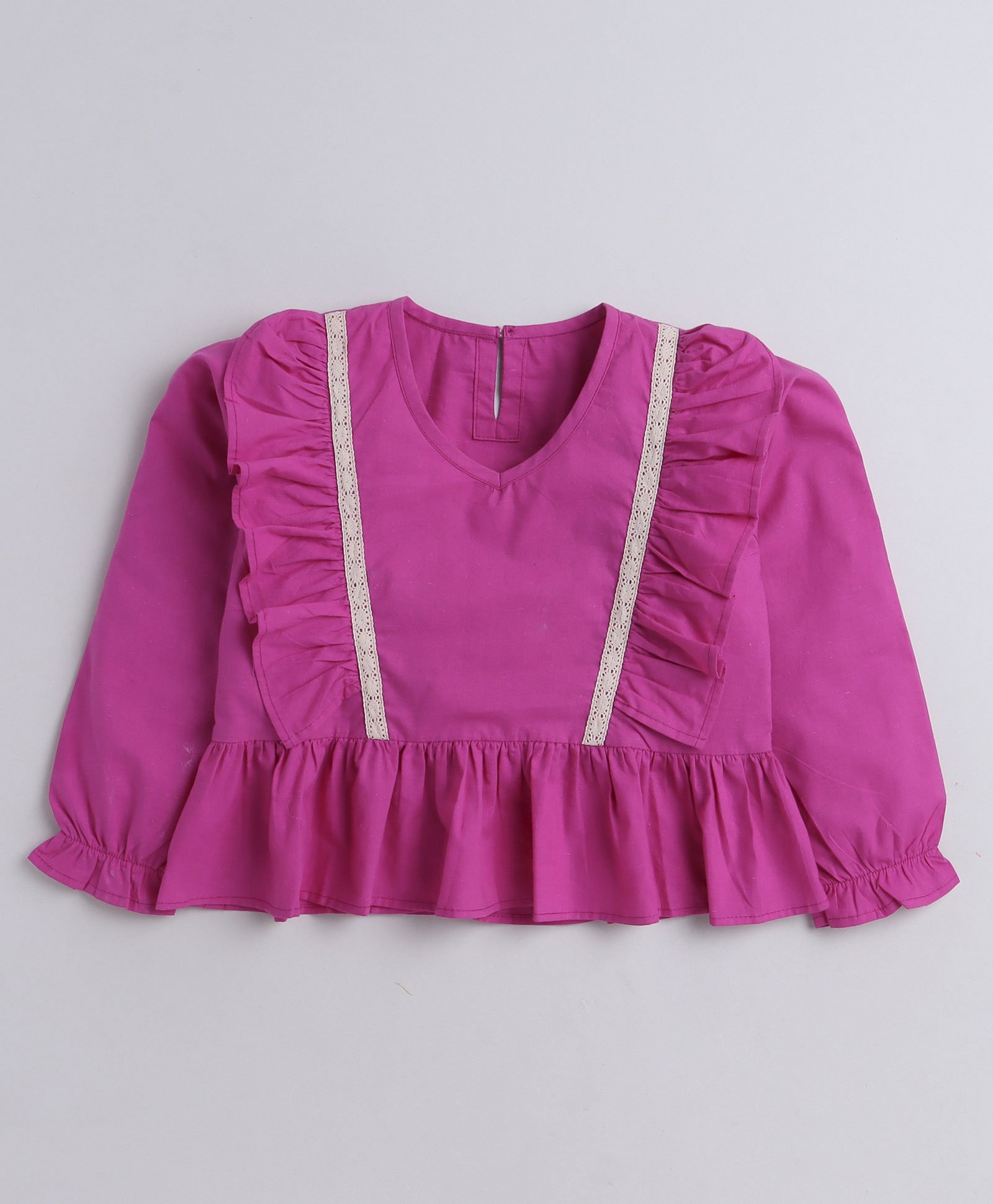 Aww Hunnie 100% Cotton Full Sleeves Solid Ruffle Lace Top - Purple-picture-28