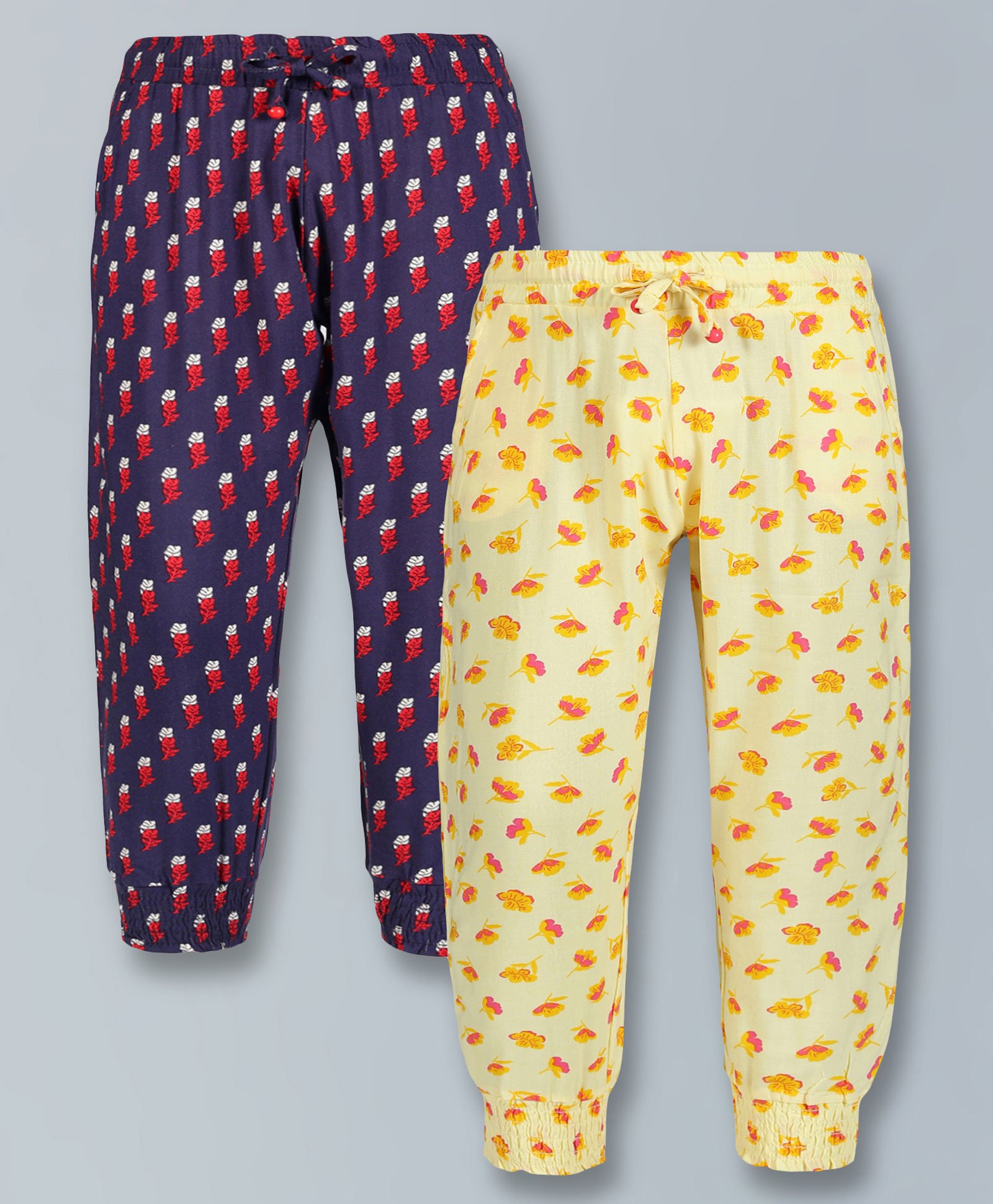 Plum Tree Combo Of 2 Floral Printed Pants - Yellow & Navy Blue-image-47
