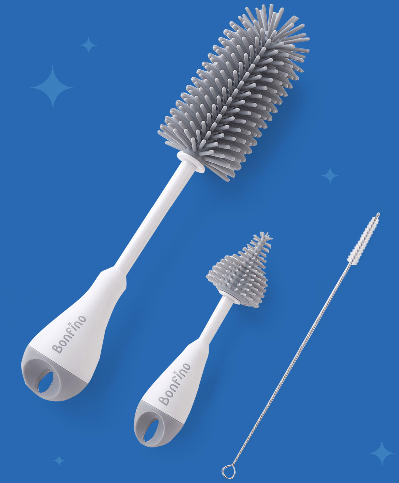 Bonfino Bottle & Nipple Cleaning Brushes Set Of 3 - Grey