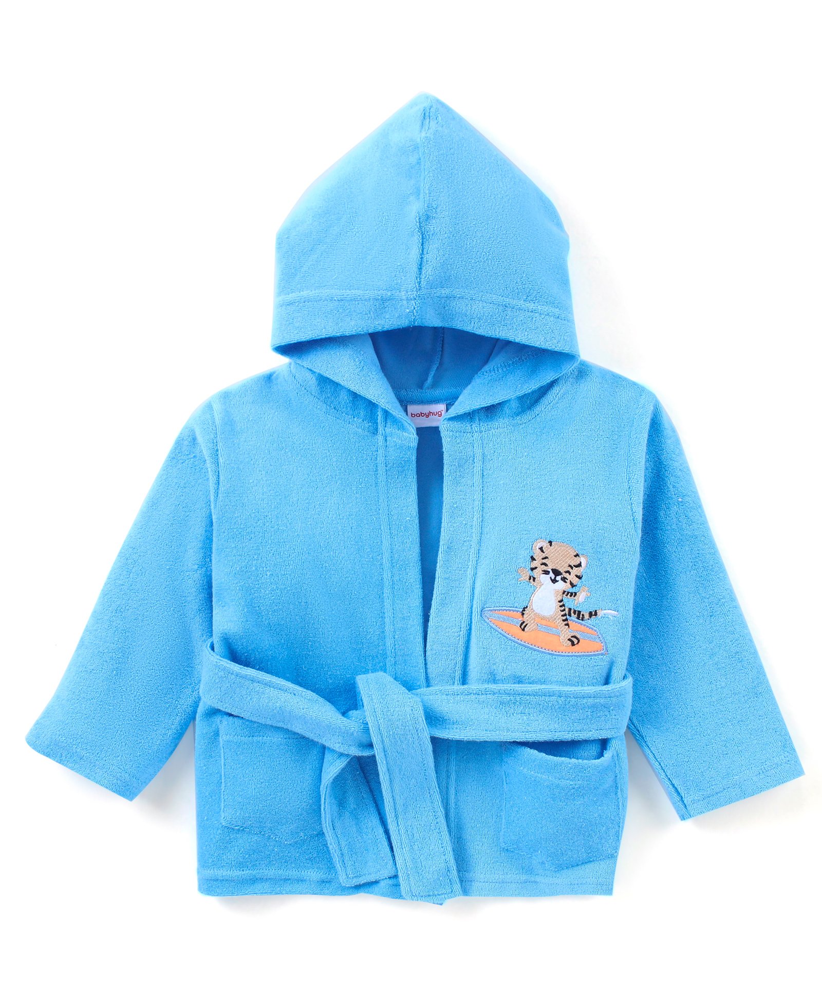 Babyhug Knit Terry Full Sleeves Hooded Bath Robe with Tiger Patch - Blue-image-32