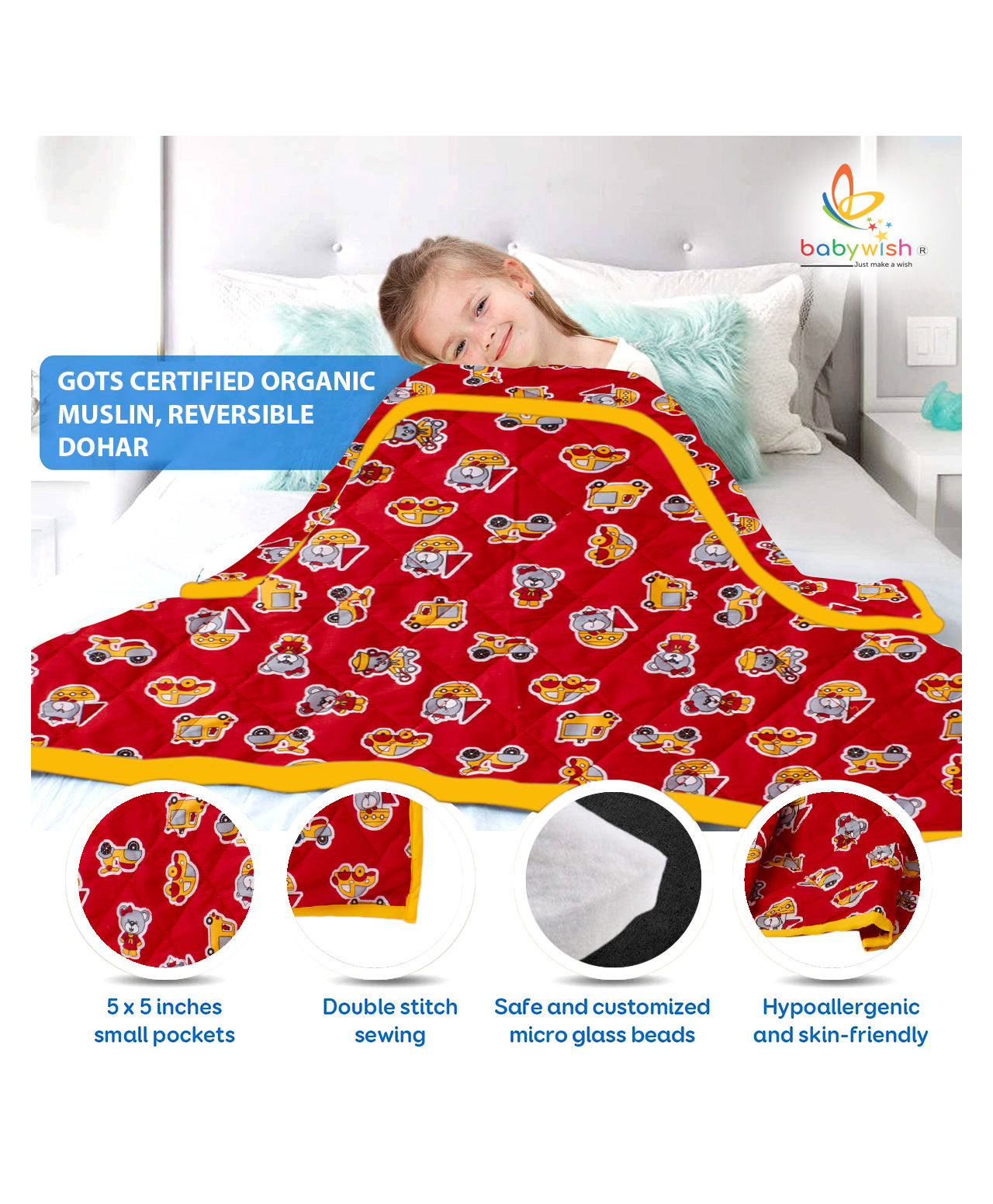 Babywish GOTS Certified Cotton Baby Dohar Blanket for Kids Thermal Soft Crib Blanket All Seasons Quilt for NewBorn Toddler Bed Blanket Giftset - Toy Printed Theme Red-picture-11