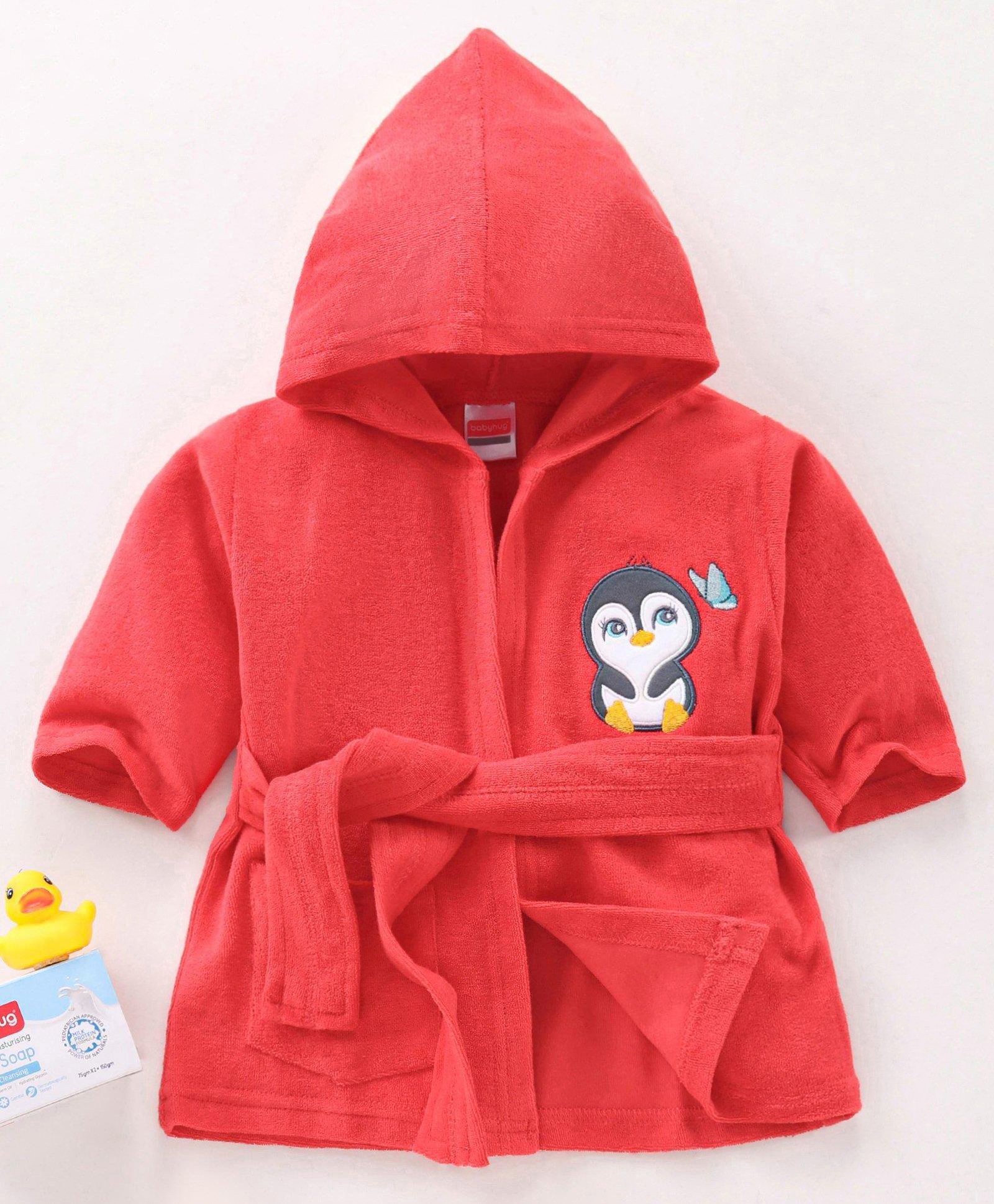 Babyhug Cotton Full Sleeves Penguin Embroidery Hooded Bath Robe - Coral Red-image-39