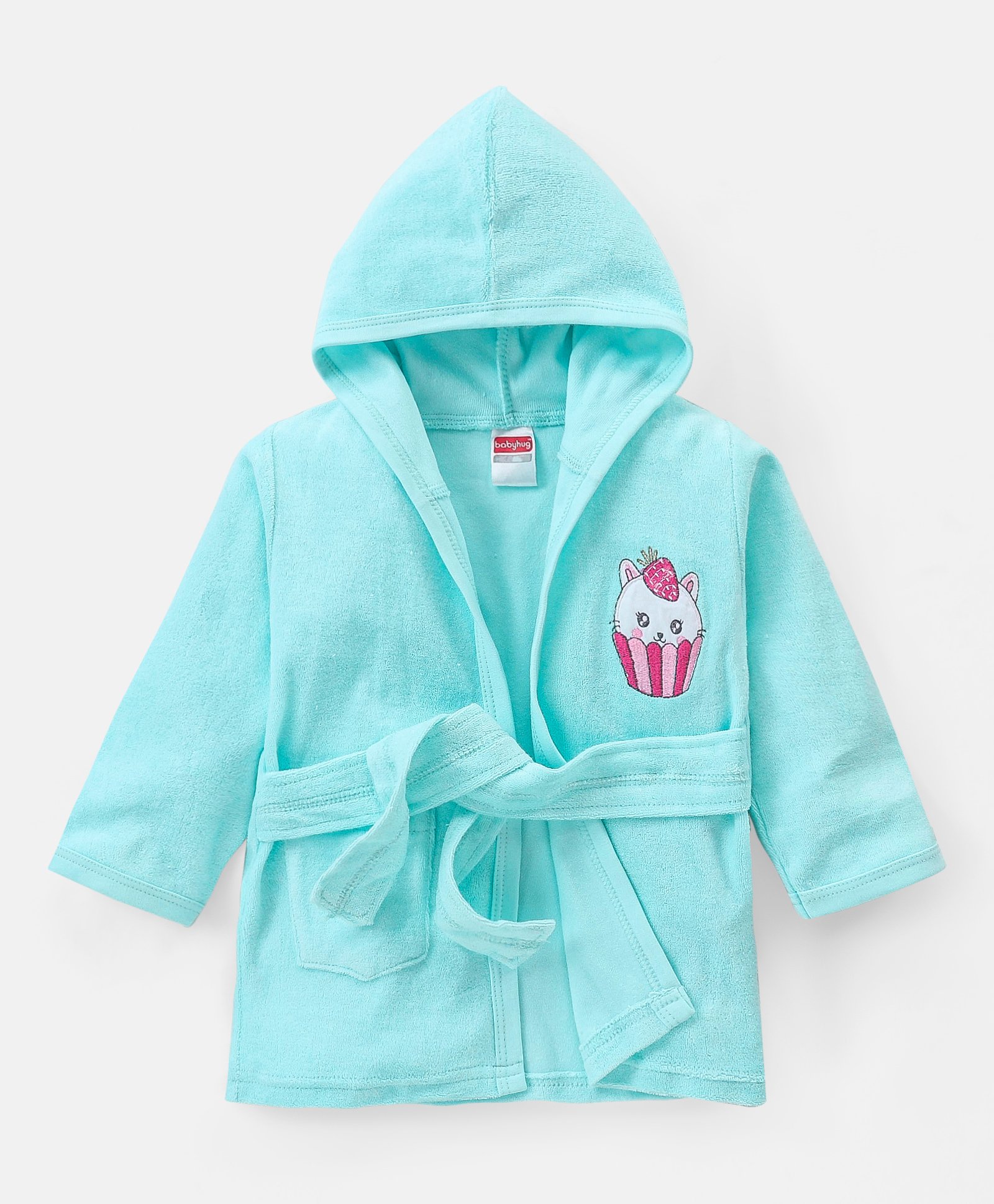Babyhug Woven Terry Full Sleeves Hooded Bath Robe with  Kitty Embroidery - Blue-image-28