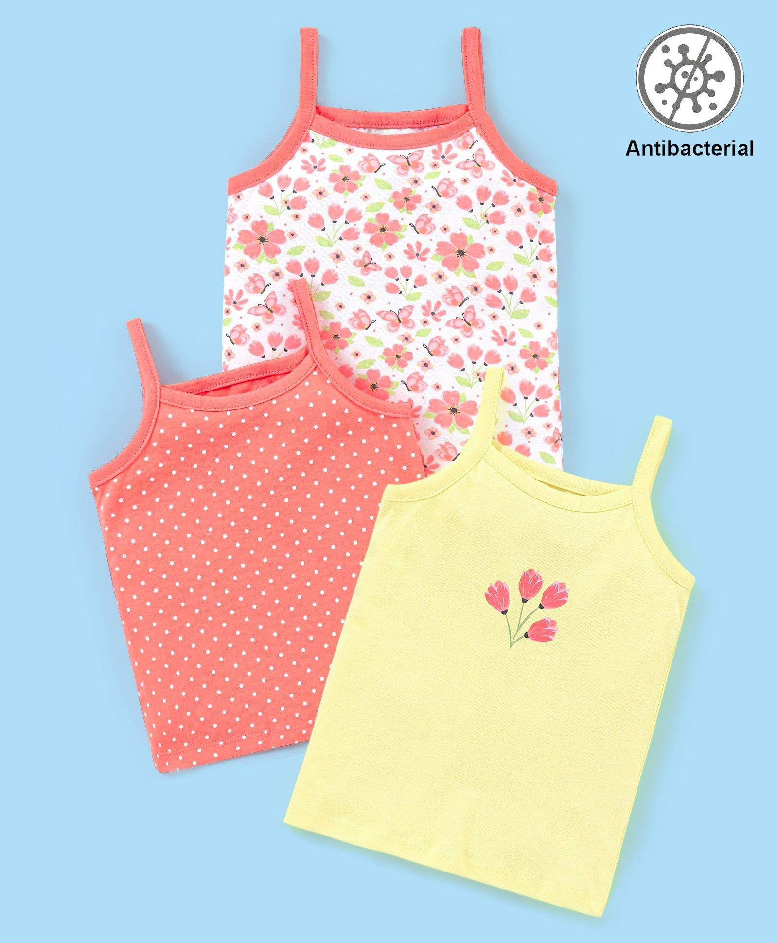 Babyhug 100% Cotton Antibacterial  Sleeveless Slips Dot & Floral Print Pack Of 3- Yellow & Orange-picture-22
