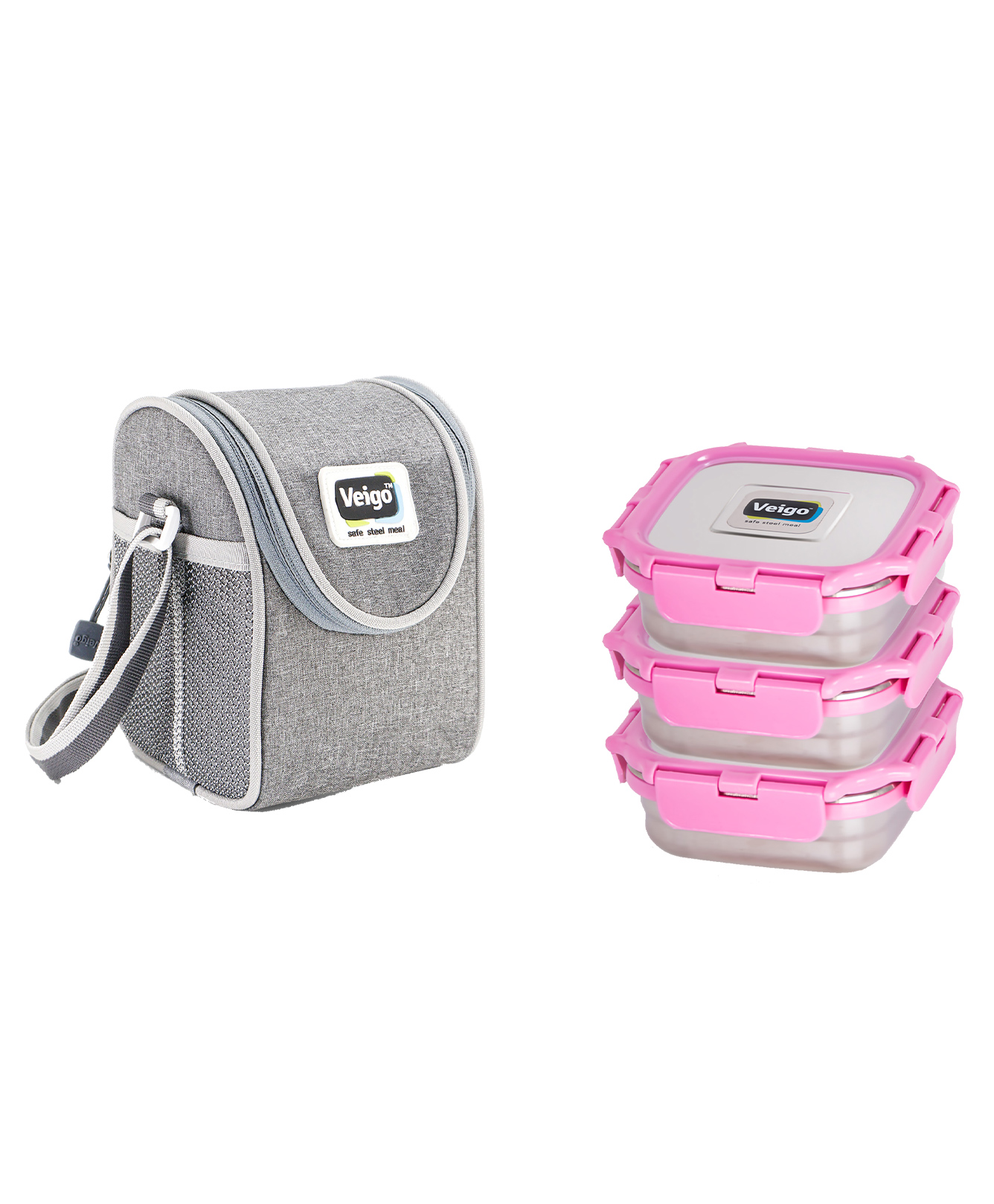 Veigo Lock N Steel 100% Air Tight 3 Medium Container with Lunch Bag - Pink-picture-21