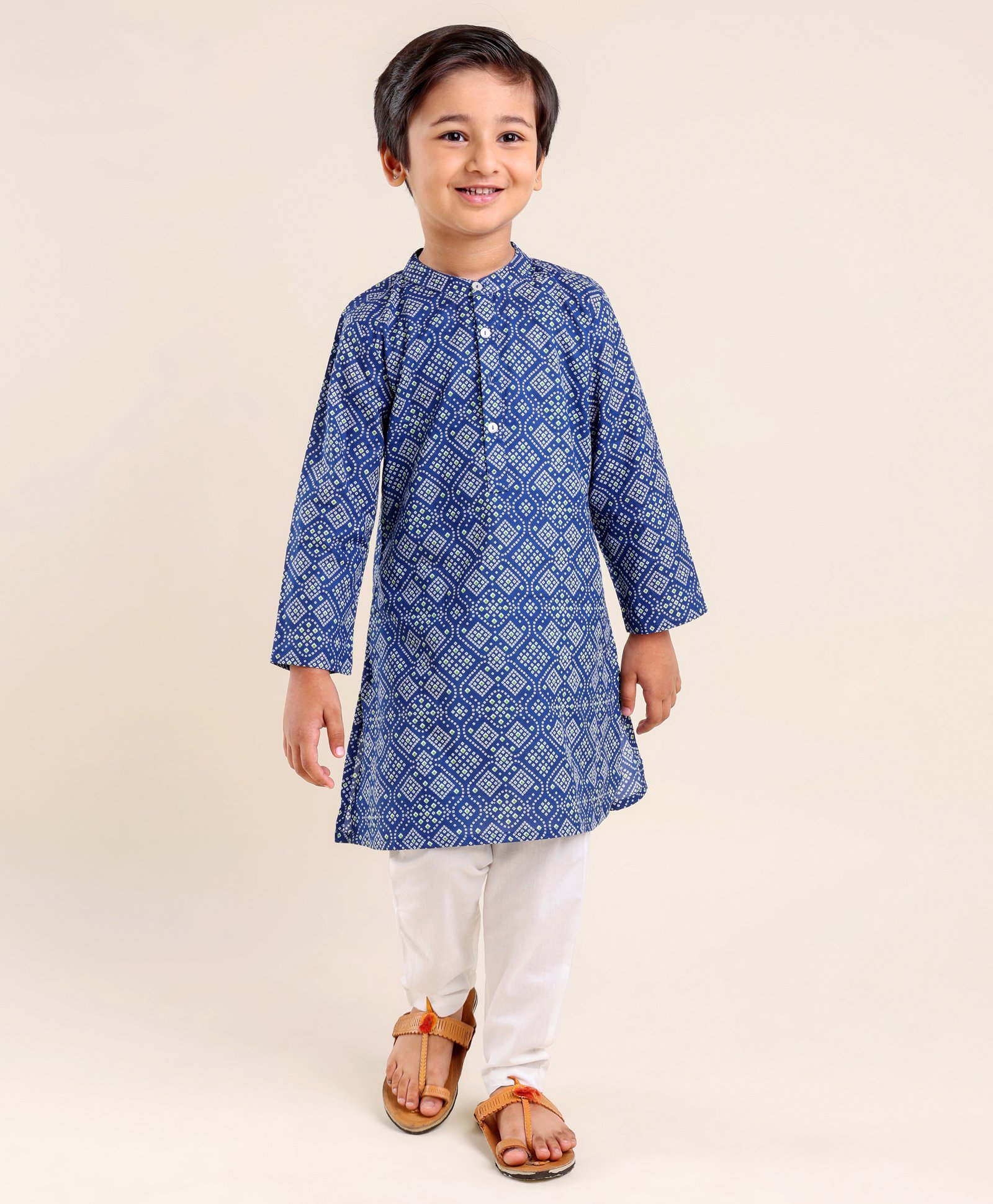 Babyhug Cotton Full Sleeves Kurta & Pyjama Set Bandhani Print- Indigo-picture-13