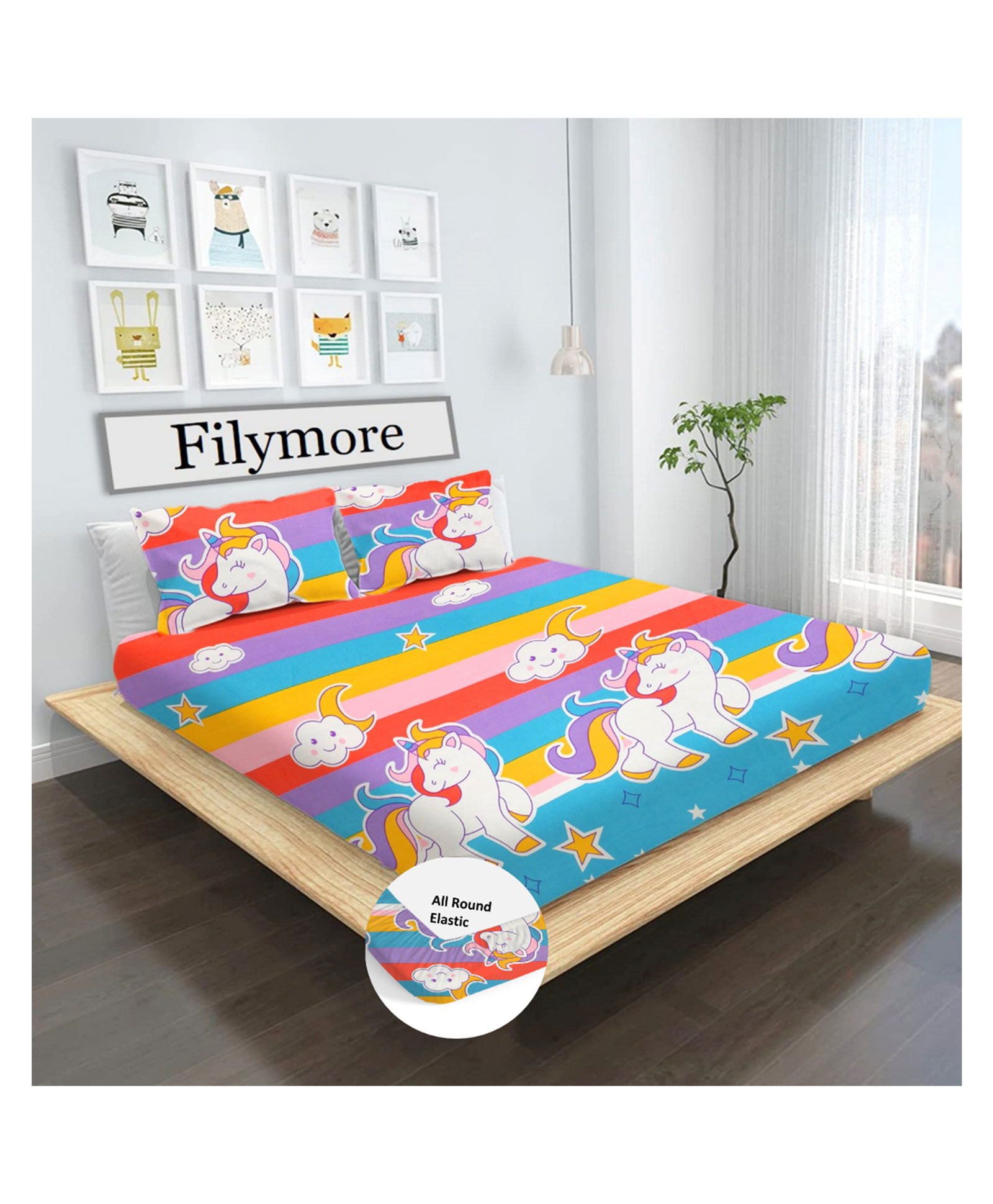 Filymore unicorn Elastic Fitted bedsheet for double bed made with pure microfiber 1 bedsheet and 2 pillow cover Size 72x72inches fit up to 6inches mattres Colour Multicolour-picture-11